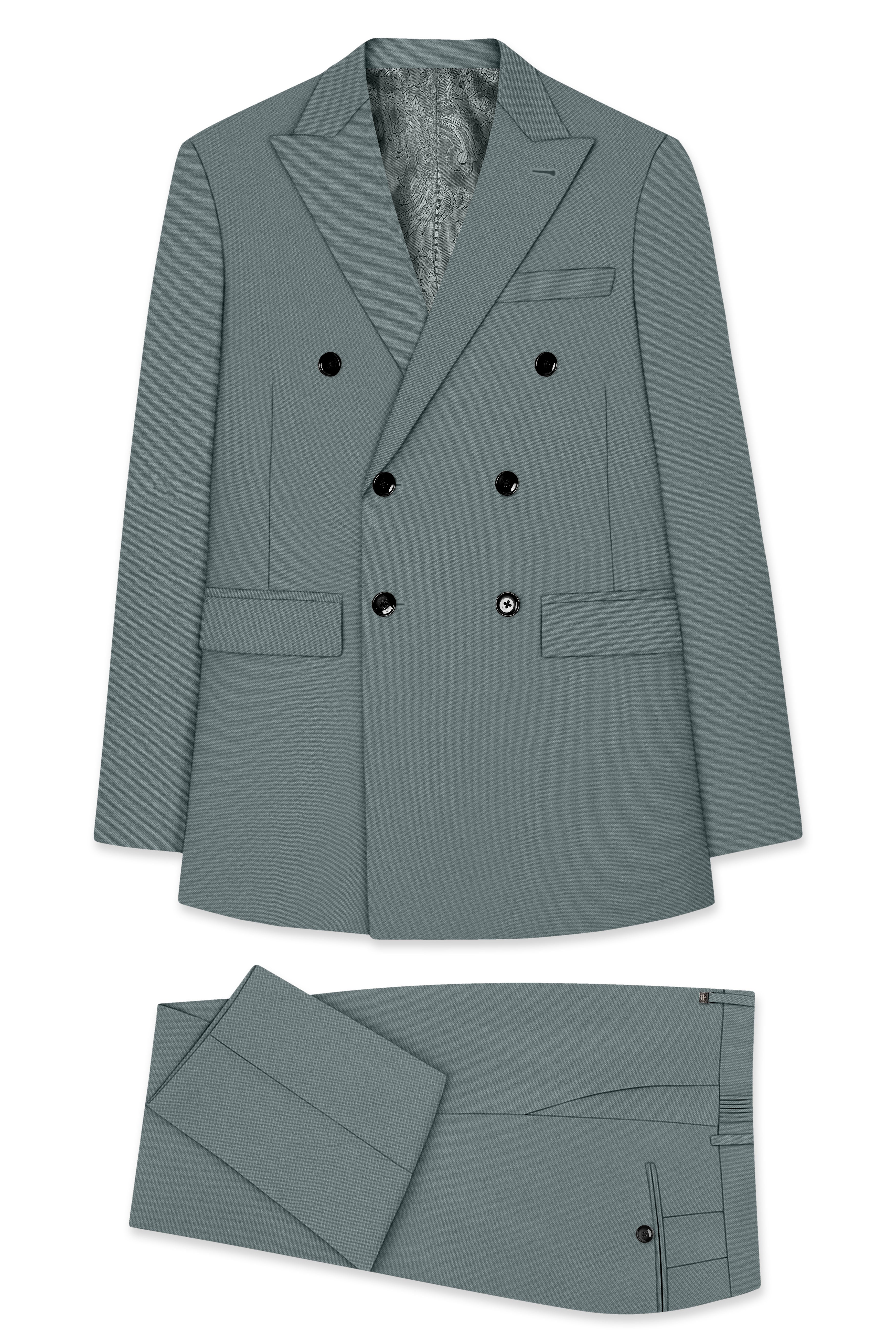 Verdant-Raven Green Wool Rich Slight Stretch Double Breasted Suit