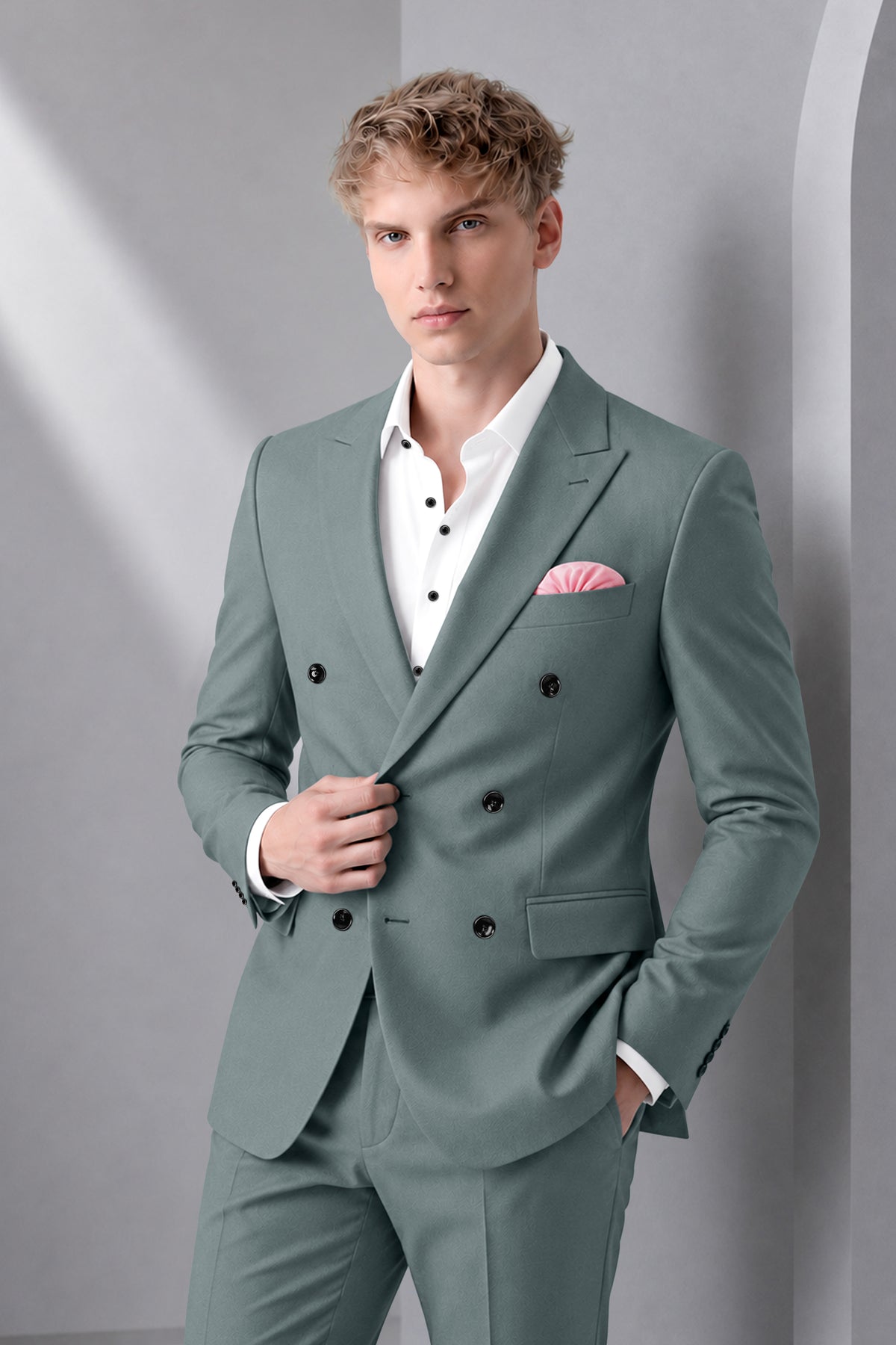 Verdant-Raven Green Wool Rich Slight Stretch Double Breasted Suit