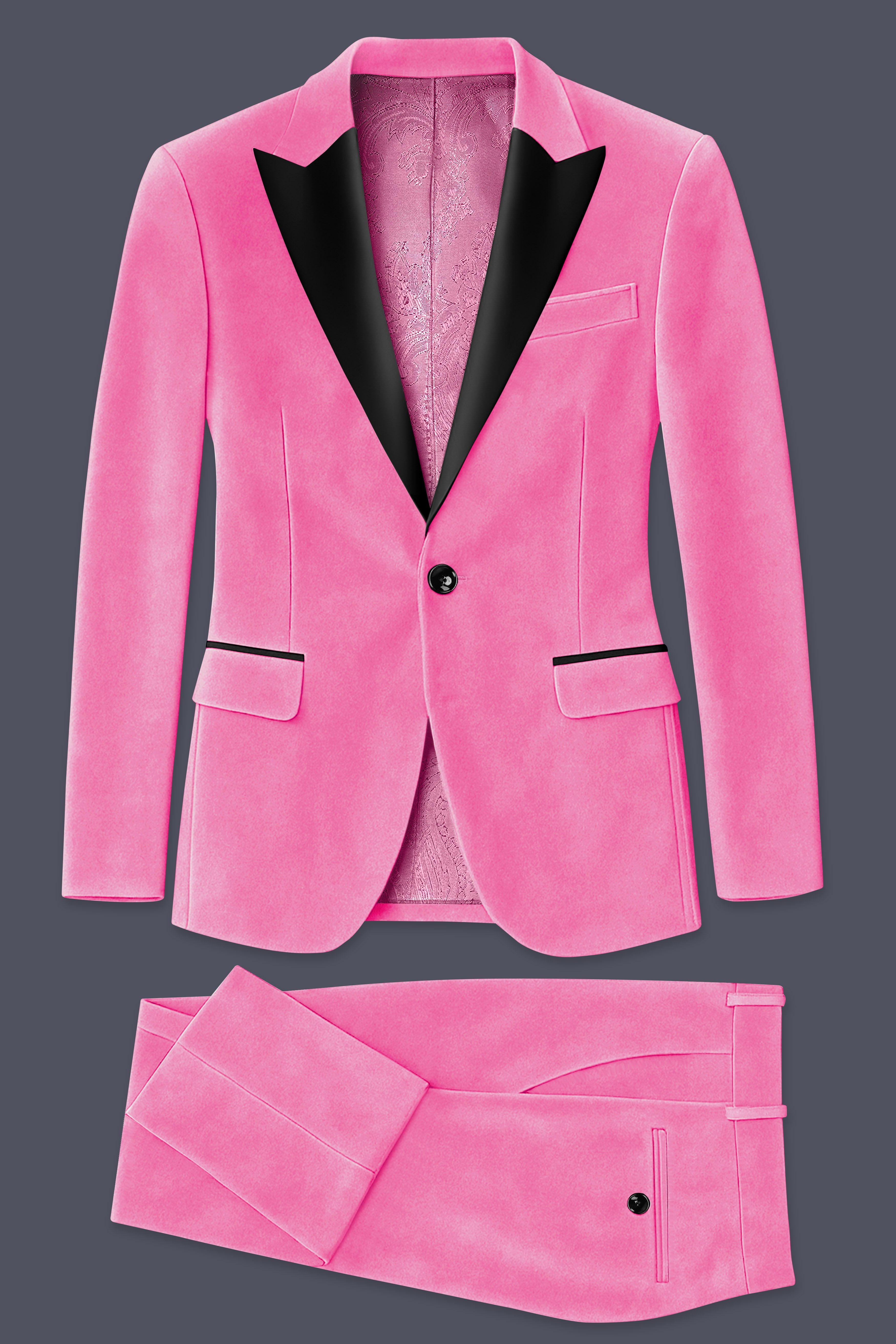 Veloura-Carissma Pink Velvet Peak Lapel Tuxedo Suit