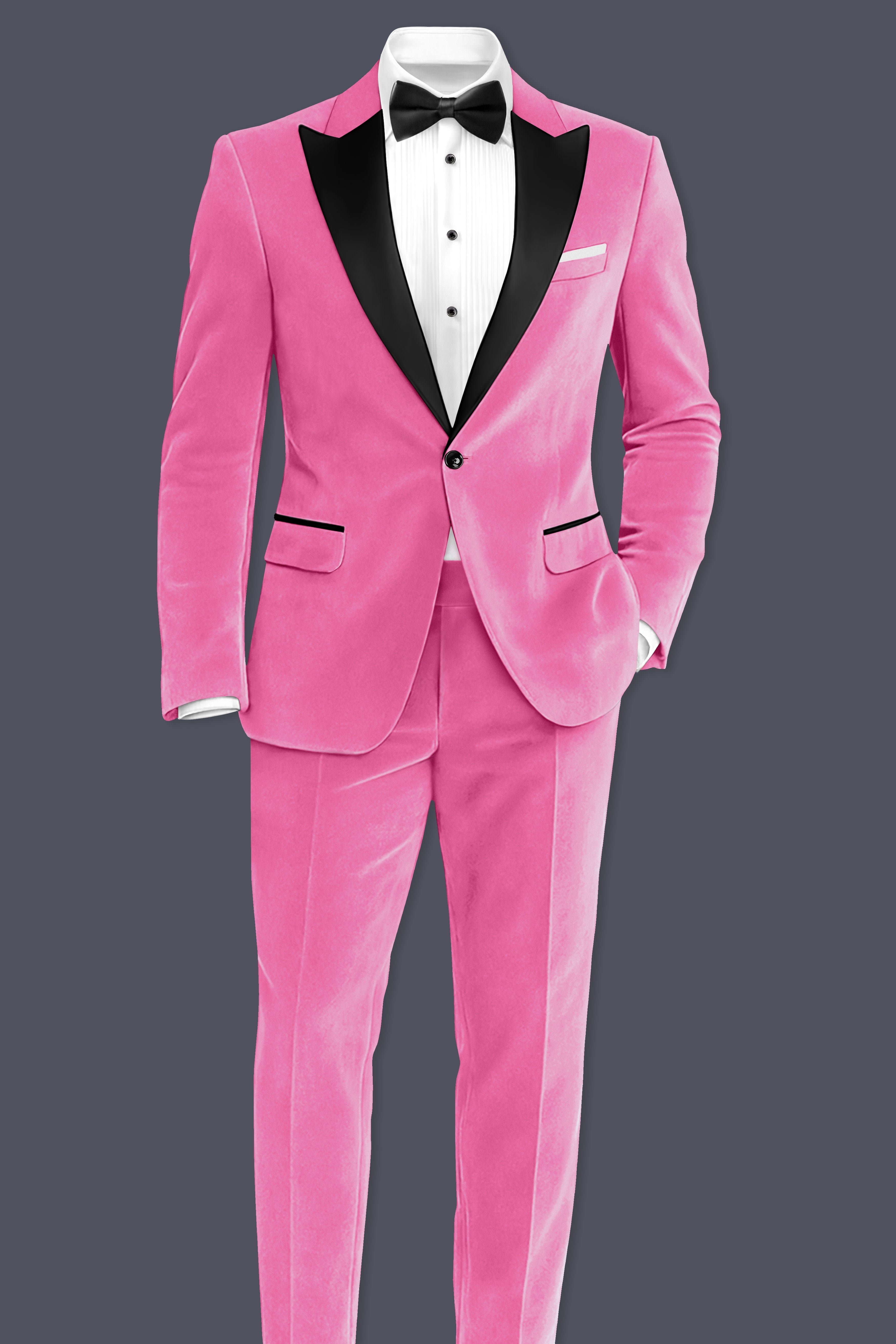 Veloura-Carissma Pink Velvet Peak Lapel Tuxedo Suit
