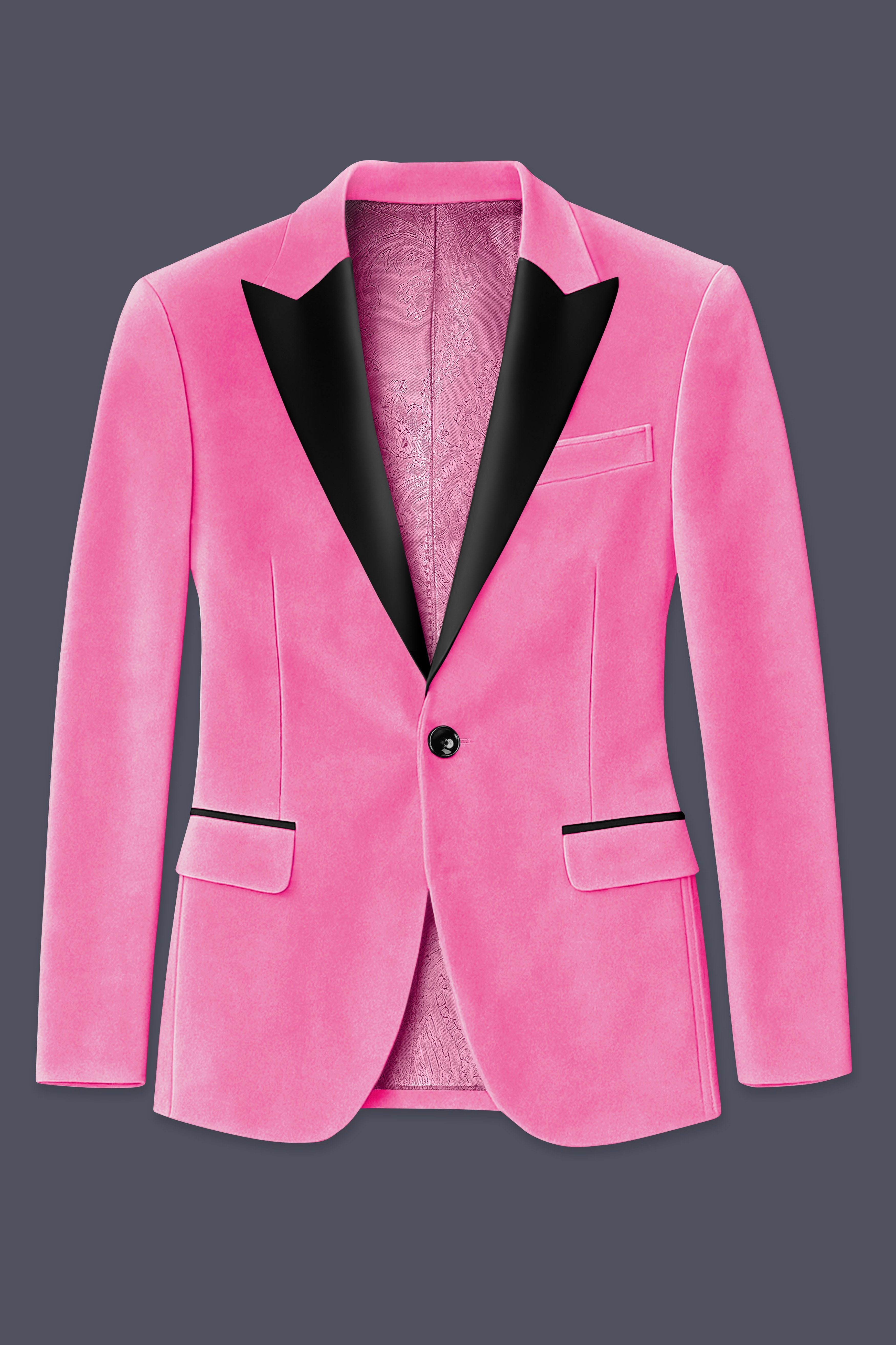 Veloura-Carissma Pink Velvet Peak Lapel Tuxedo Suit