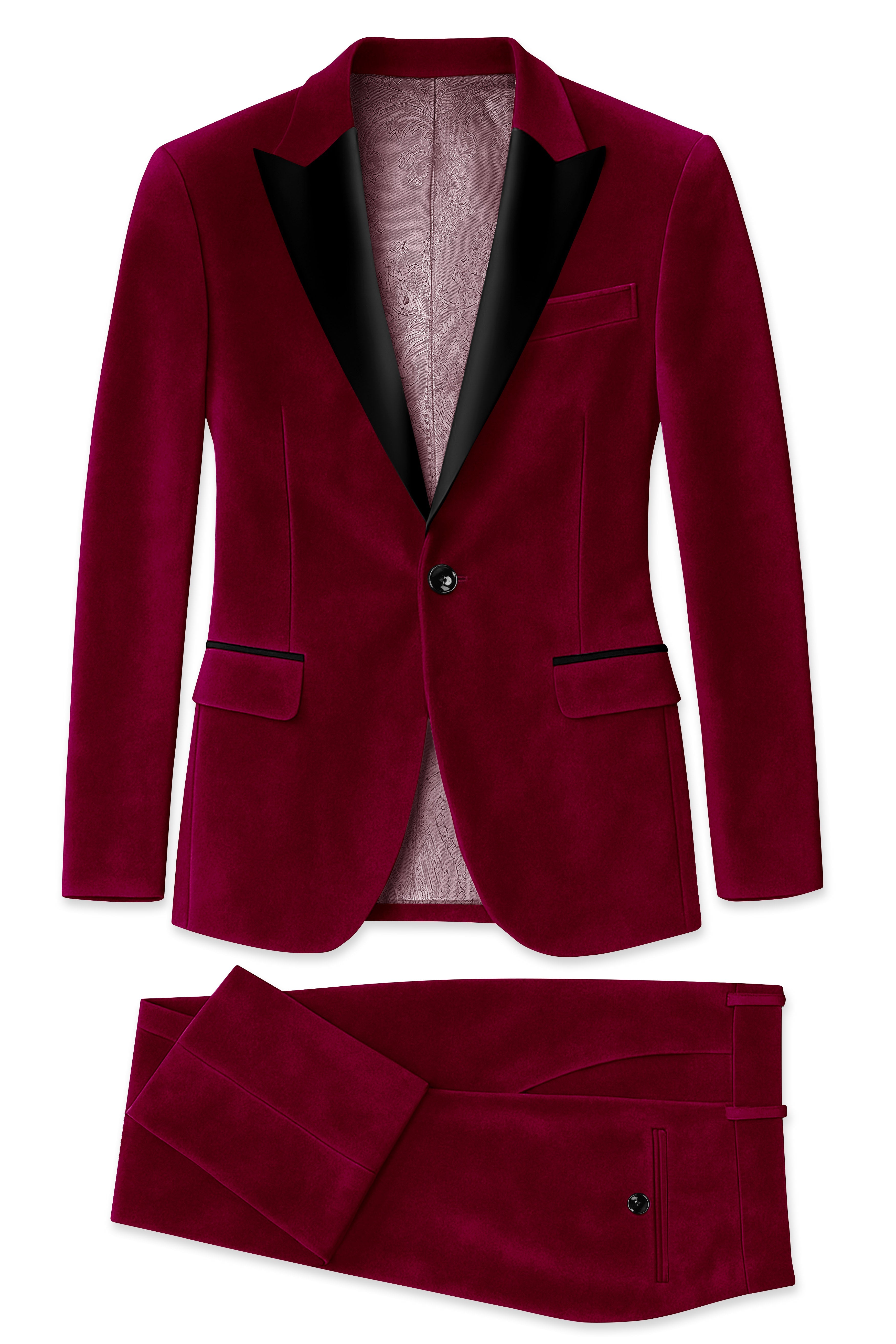 Amour-Scarlet Pink Velvet Peak Lapel Tuxedo Suit