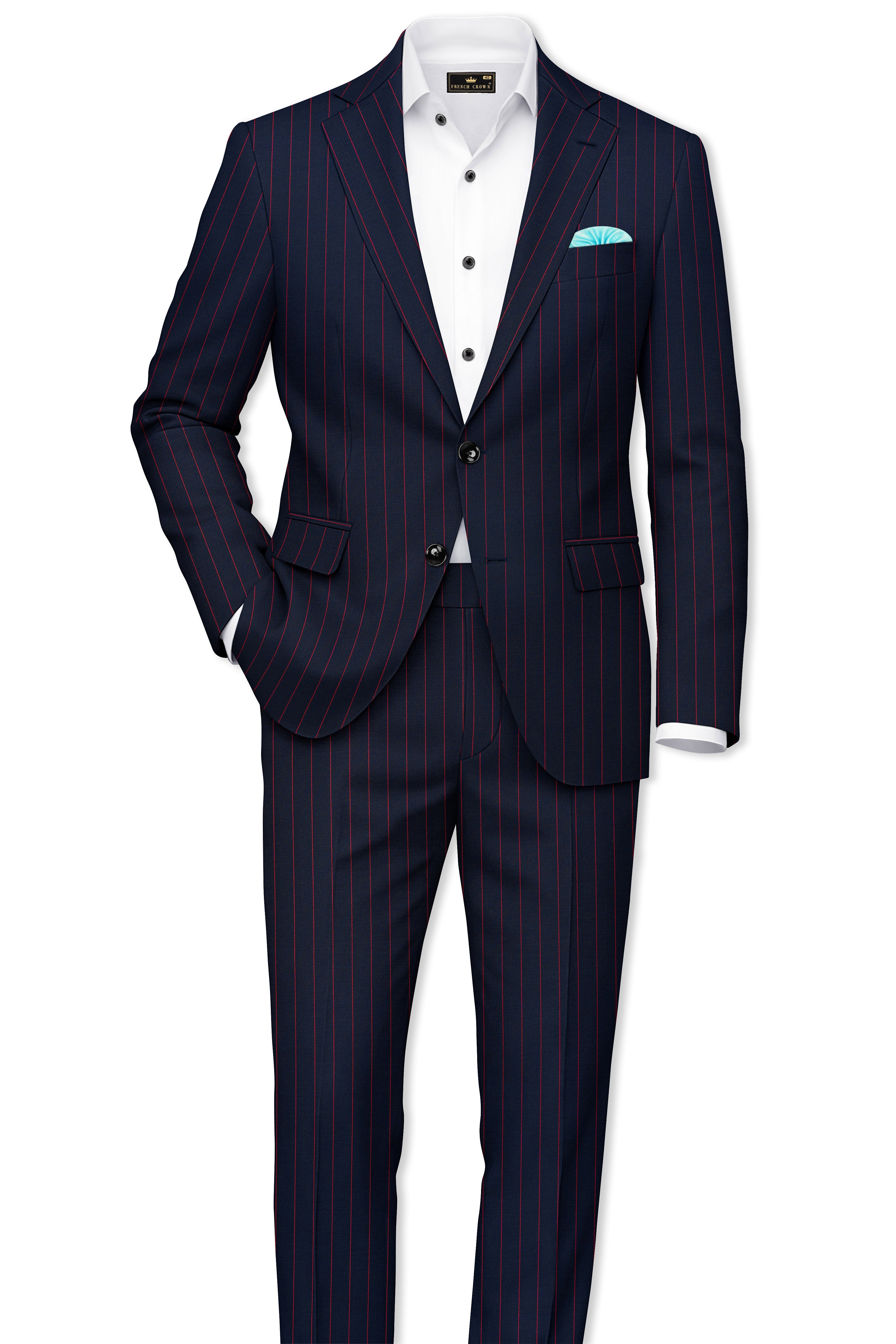 Striata-Haiti Blue And Brick Pink Chalk Striped Wool Rich Slight Stretch Single Breasted Suit