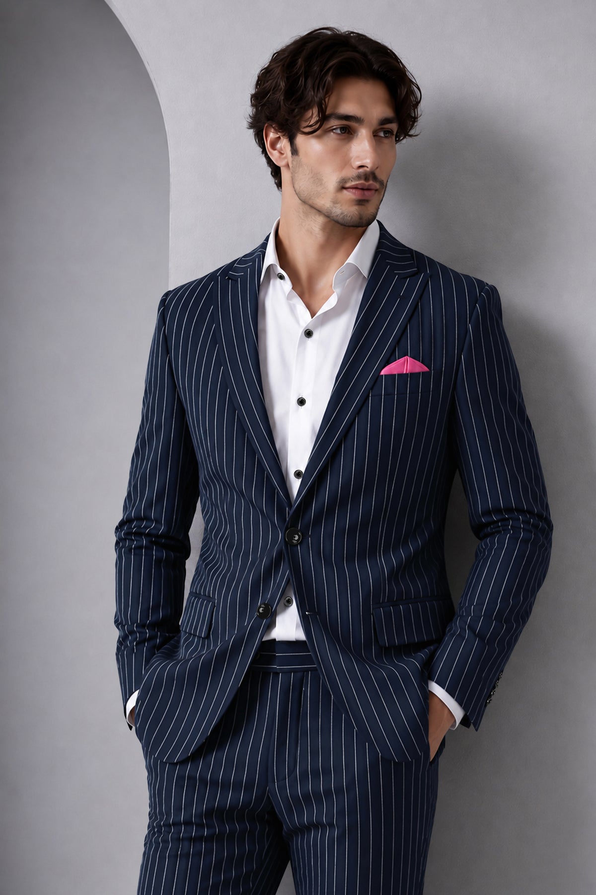 Azureon-Firefly Blue And Bright White Chalk Striped Wool Rich Slight Stretch Single Breasted Suit
