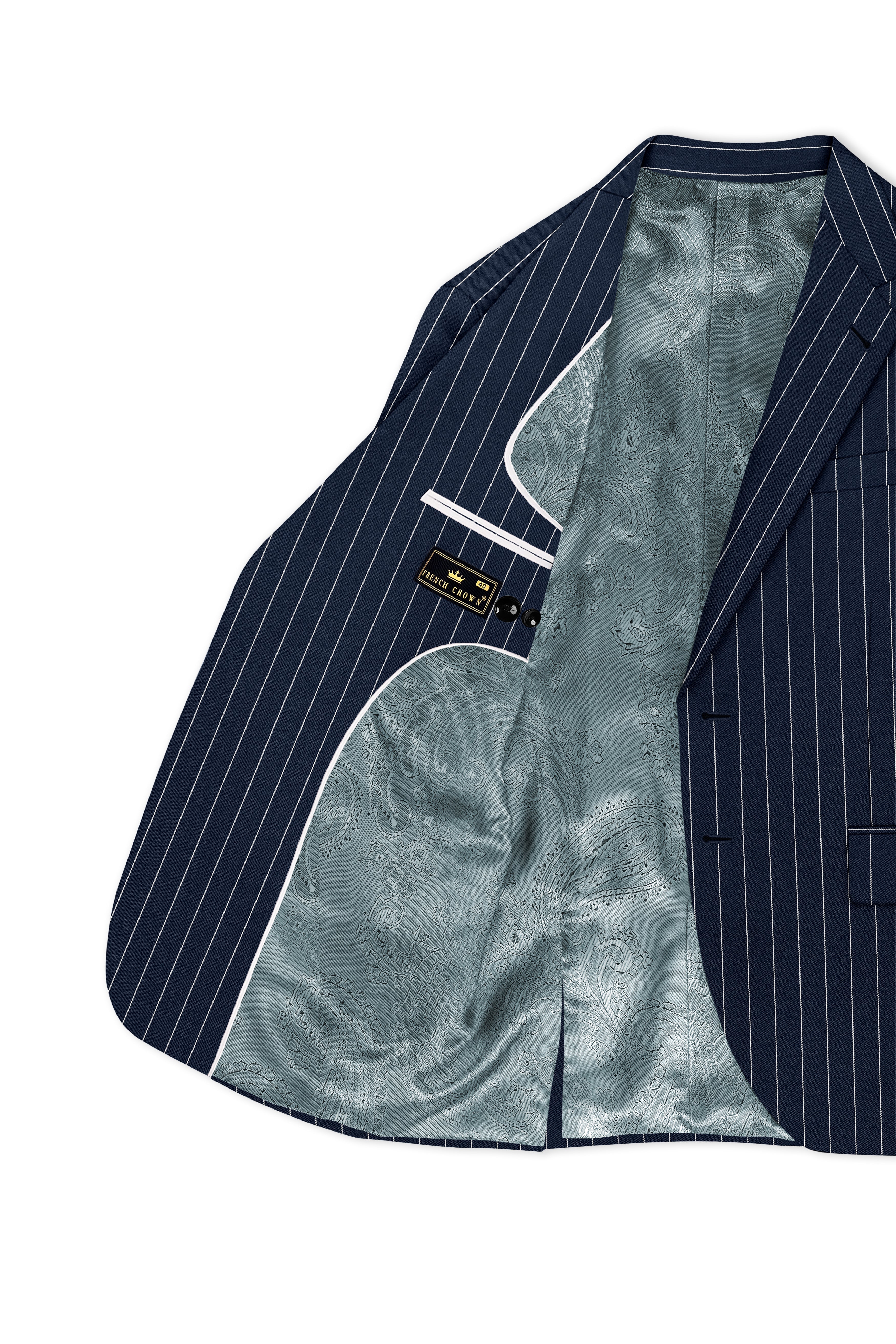 Azureon-Firefly Blue And Bright White Chalk Striped Wool Rich Slight Stretch Single Breasted Suit