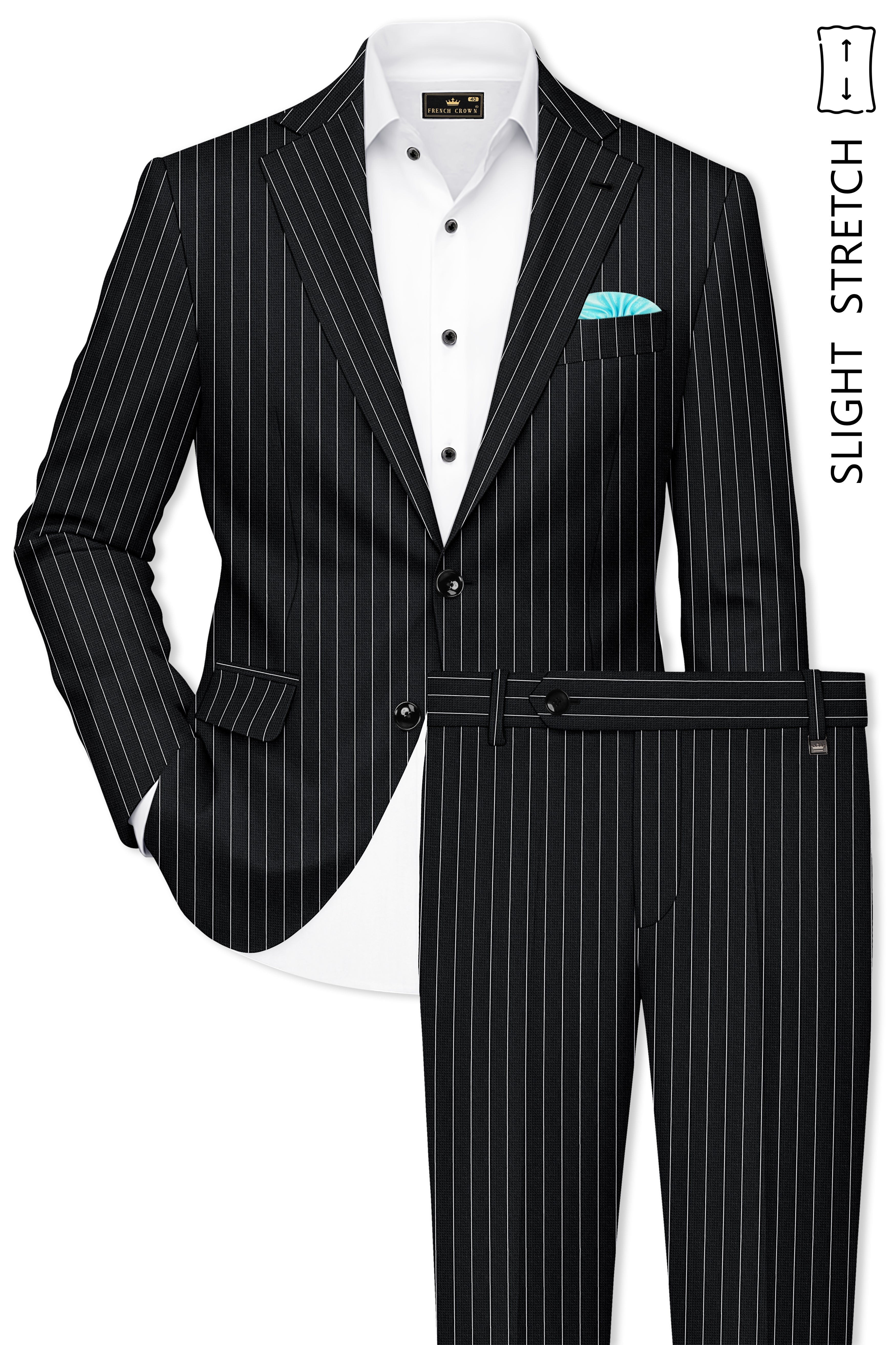 Viceroy-Jade Black And Bright White Chalk Striped Wool Rich Slight Stretch Single Breasted Suit