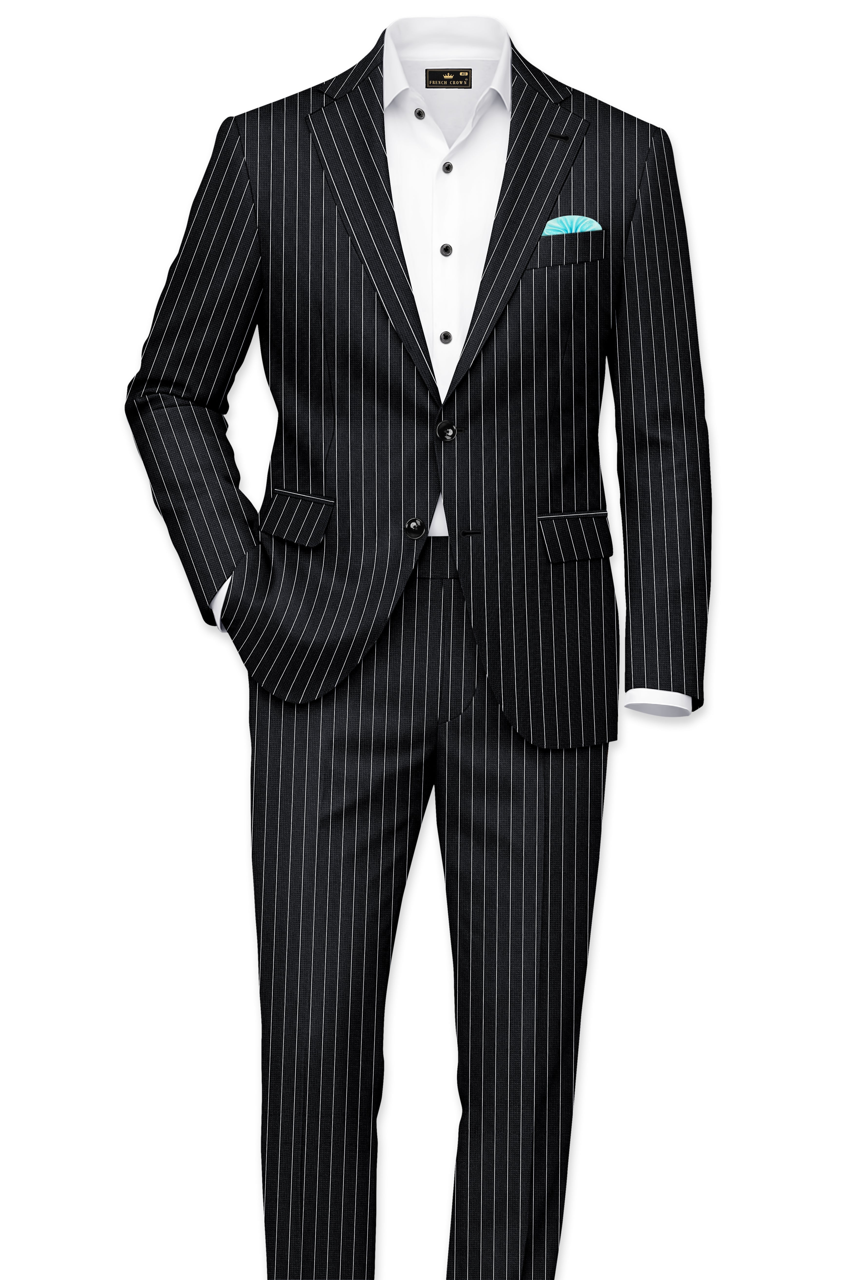 Viceroy-Jade Black And Bright White Chalk Striped Wool Rich Slight Stretch Single Breasted Suit