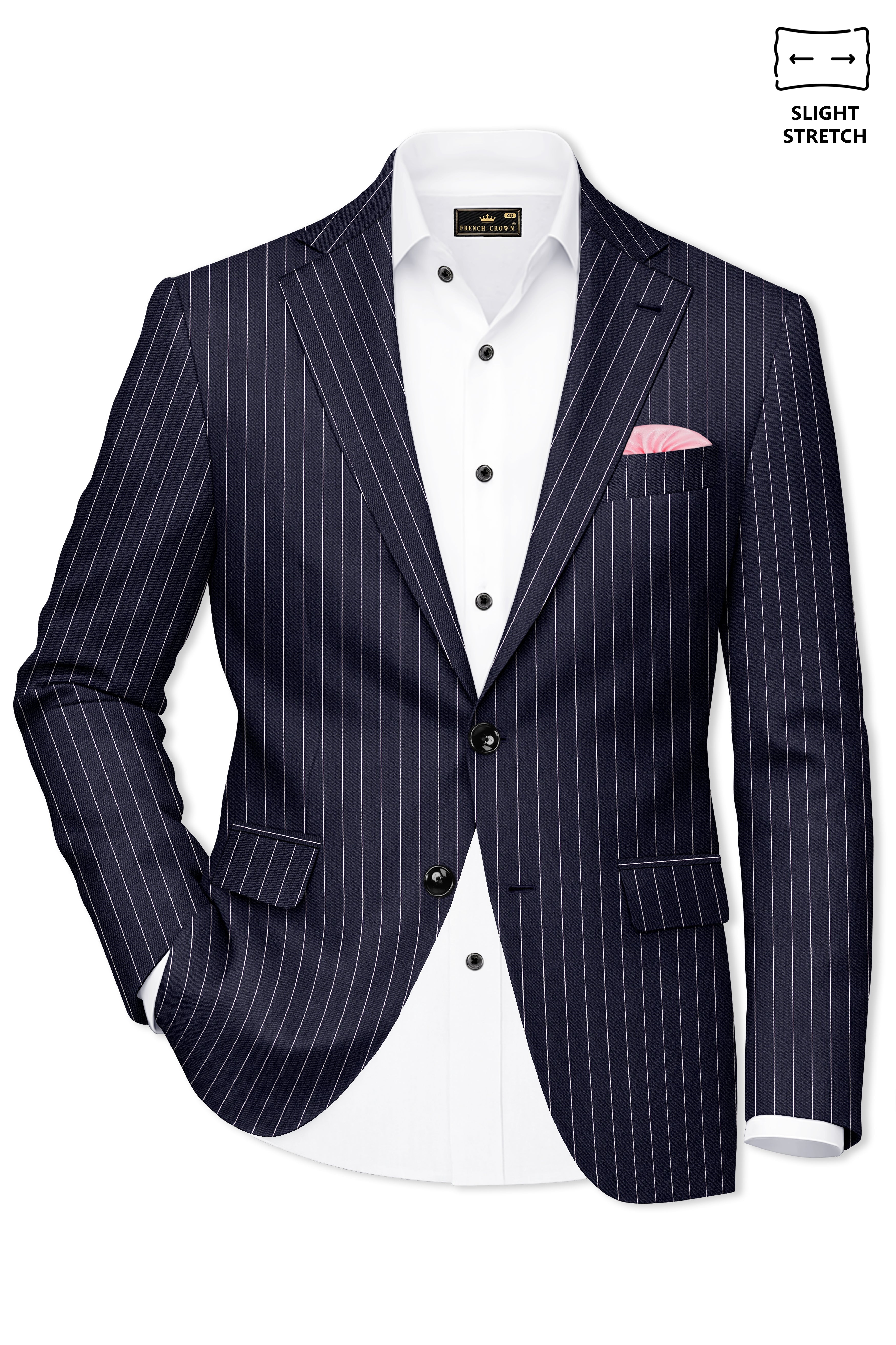 Regent-Ebony Blue And Bright White Chalk Striped Wool Rich Slight Stretch Single Breasted Suit