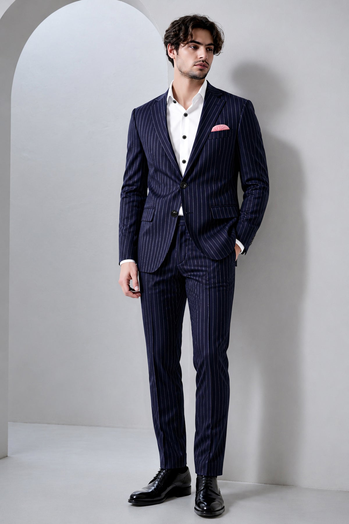 Regent-Ebony Blue And Bright White Chalk Striped Wool Rich Slight Stretch Single Breasted Suit