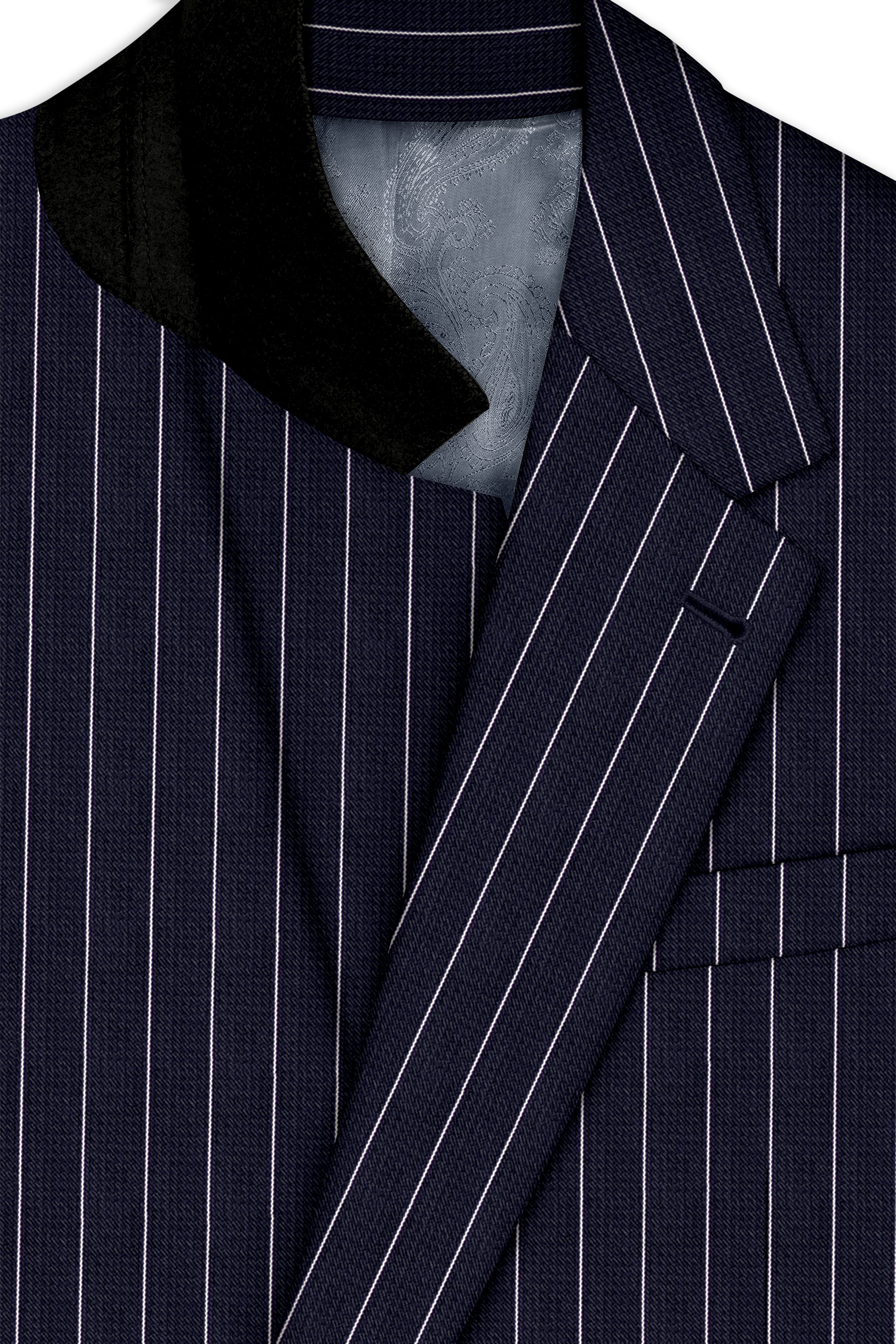 Regent-Ebony Blue And Bright White Chalk Striped Wool Rich Slight Stretch Single Breasted Suit
