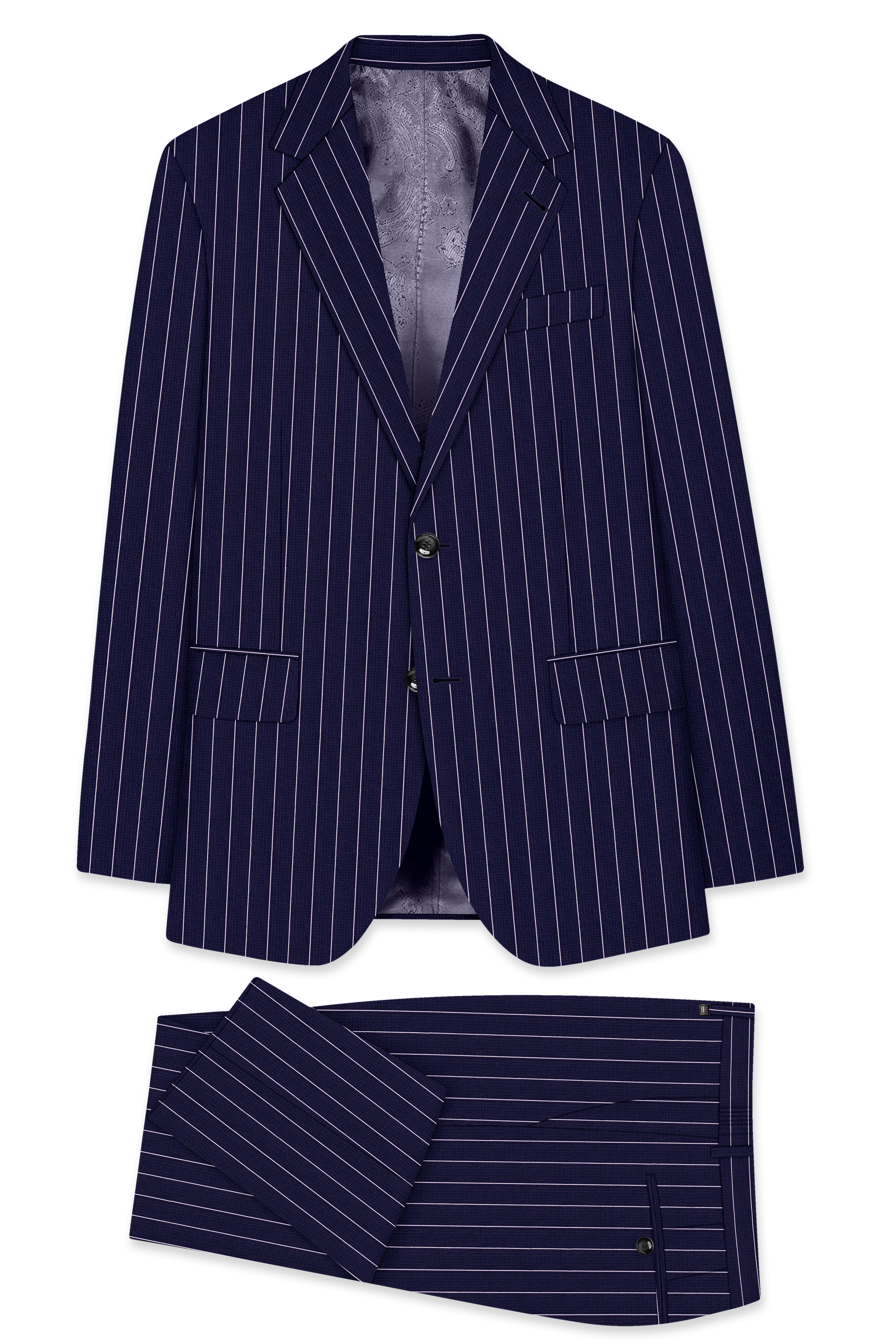 Ascot-Berry Blue And Bright White Chalk Striped Wool Rich Slight Stretch Single Breasted Suit