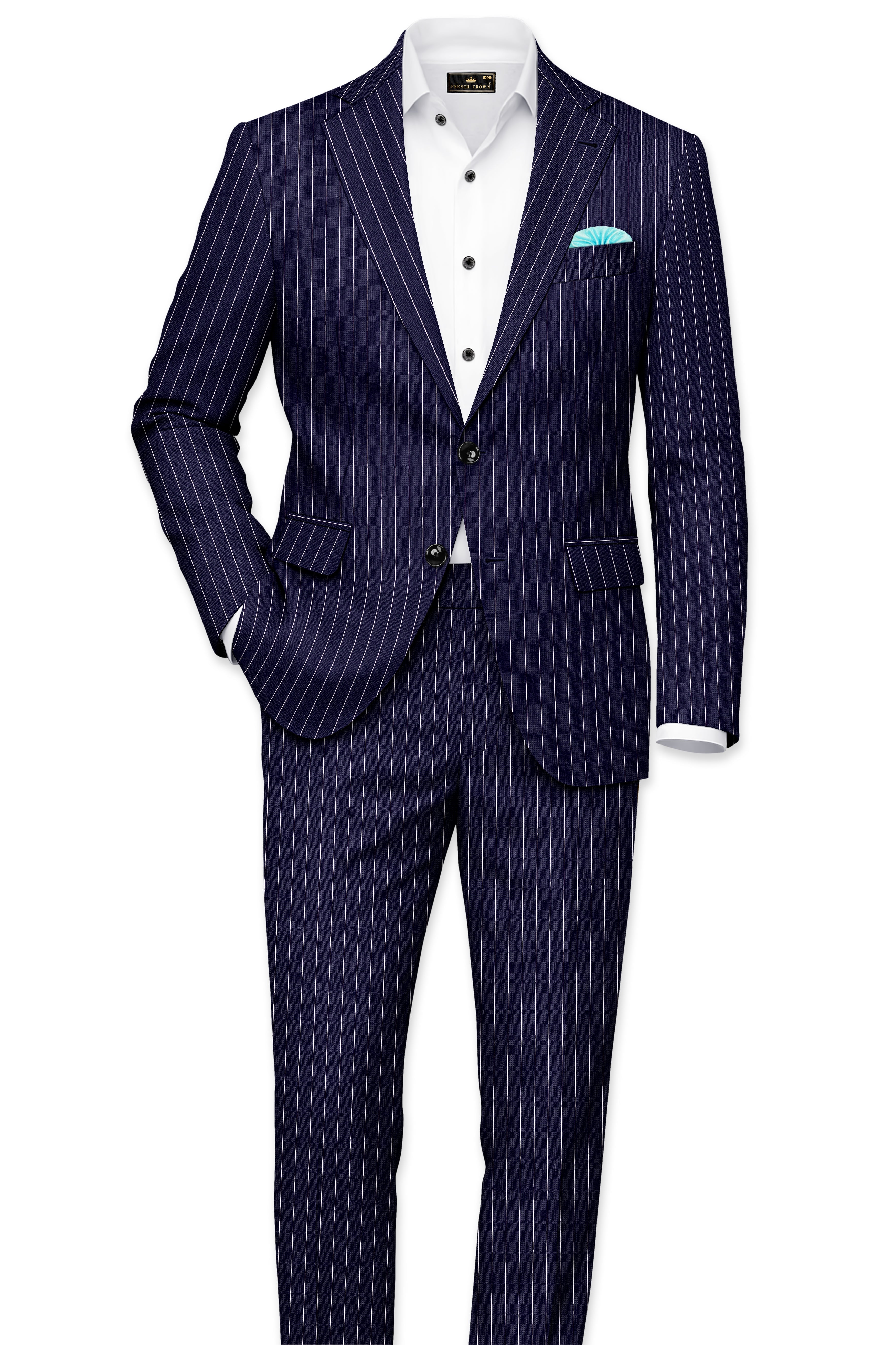 Ascot-Berry Blue And Bright White Chalk Striped Wool Rich Slight Stretch Single Breasted Suit