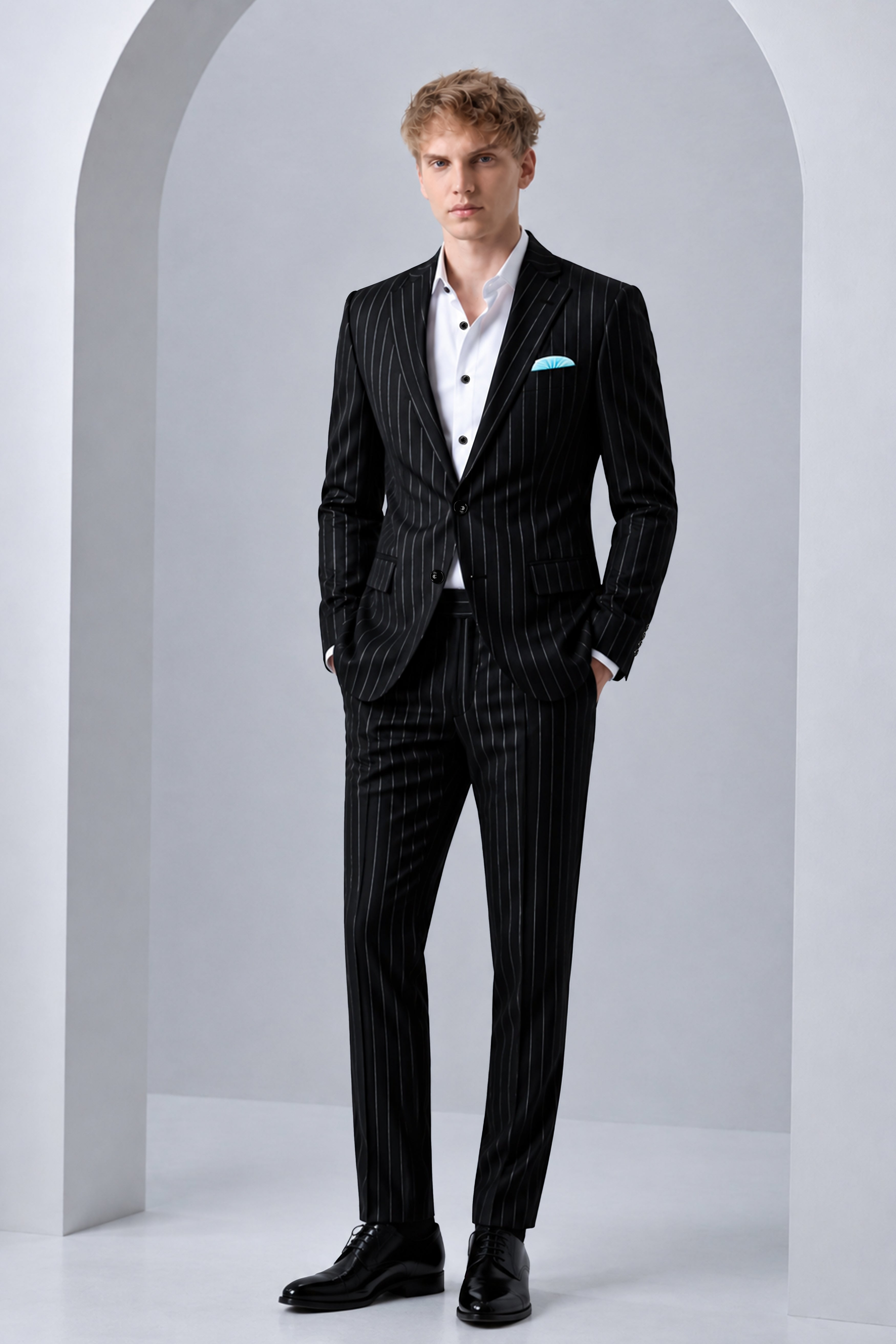 Veritas-Jade Black And Bright White Pin Striped Wool Rich Slight Stretch Single Breasted Suit