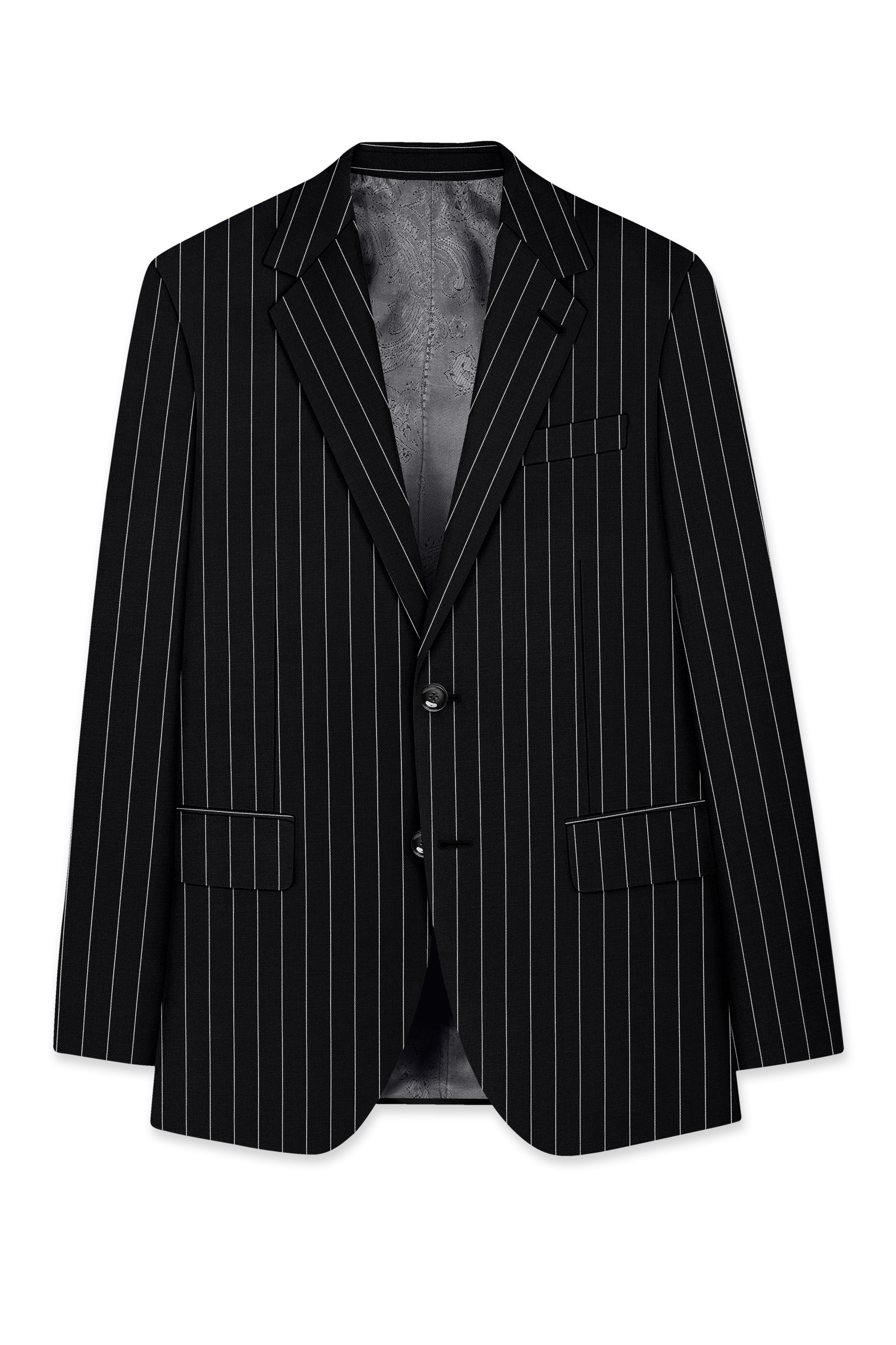 Veritas-Jade Black And Bright White Pin Striped Wool Rich Slight Stretch Single Breasted Suit