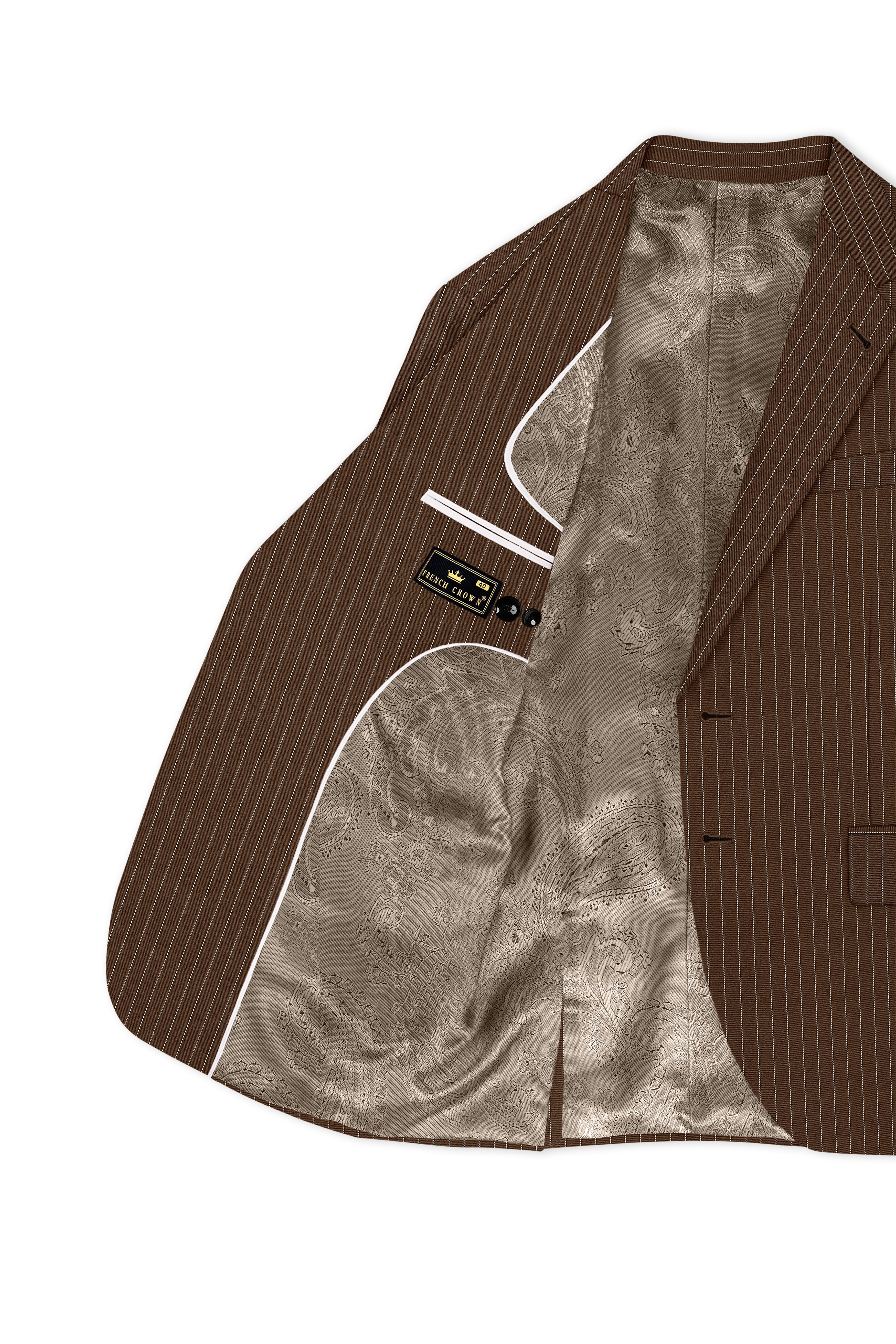 Bristol-Iroko Brown And Bright White Chalk Striped Wool Rich Slight Stretch Single Breasted Suit