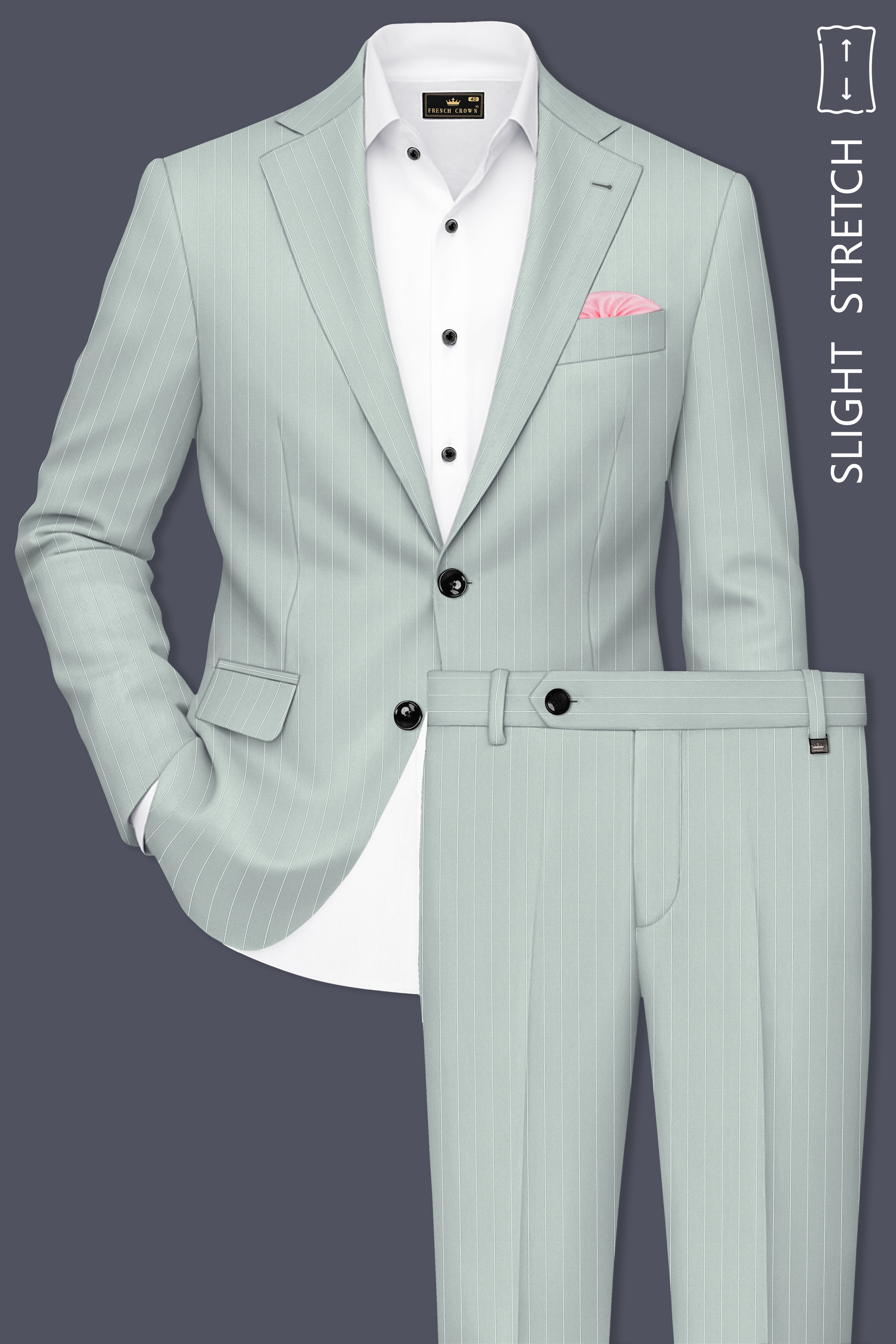 Halcyon-Pale Slate Green Herringbone Striped Wool Rich Slight Stretch Single Breasted Suit