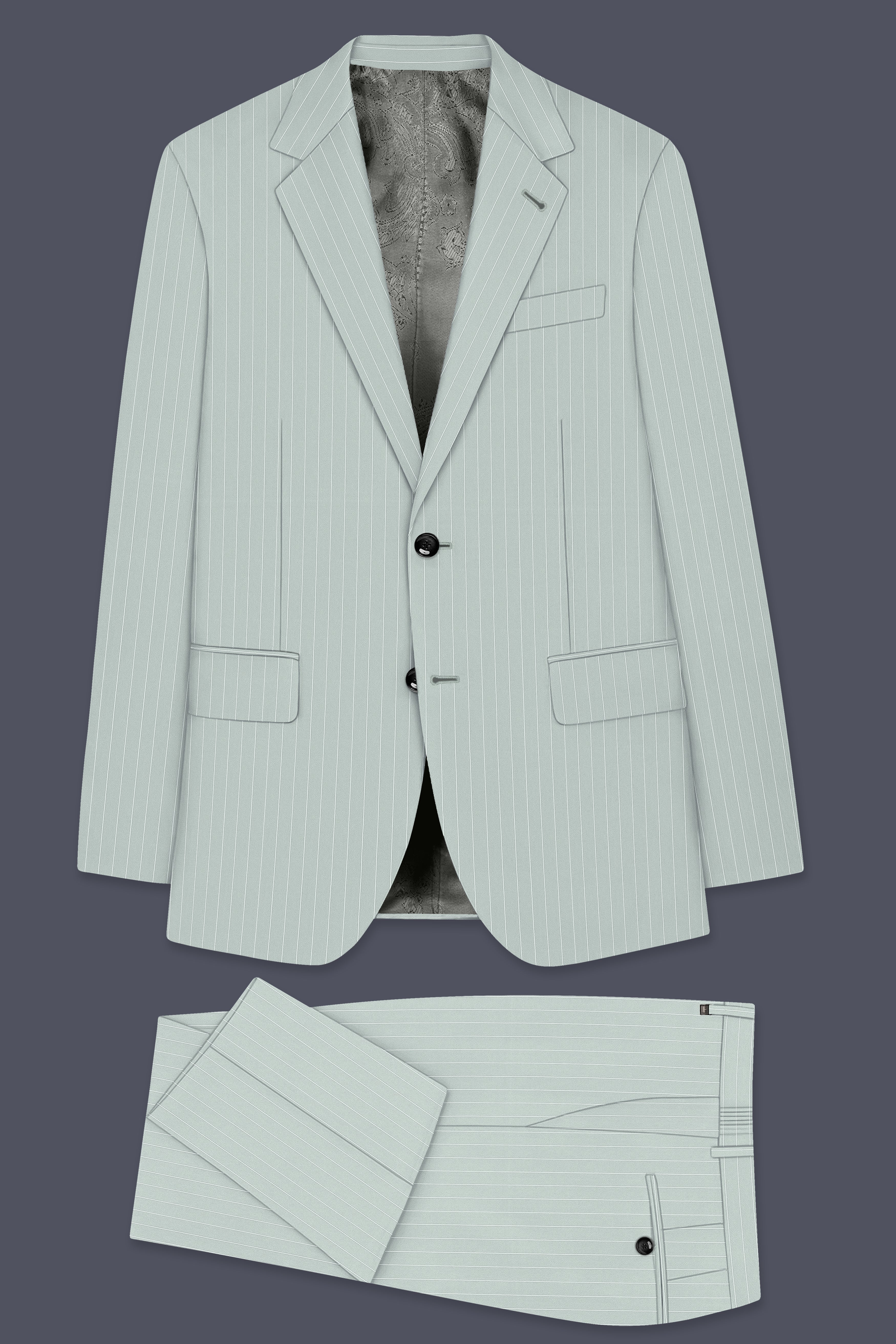 Halcyon-Pale Slate Green Herringbone Striped Wool Rich Slight Stretch Single Breasted Suit