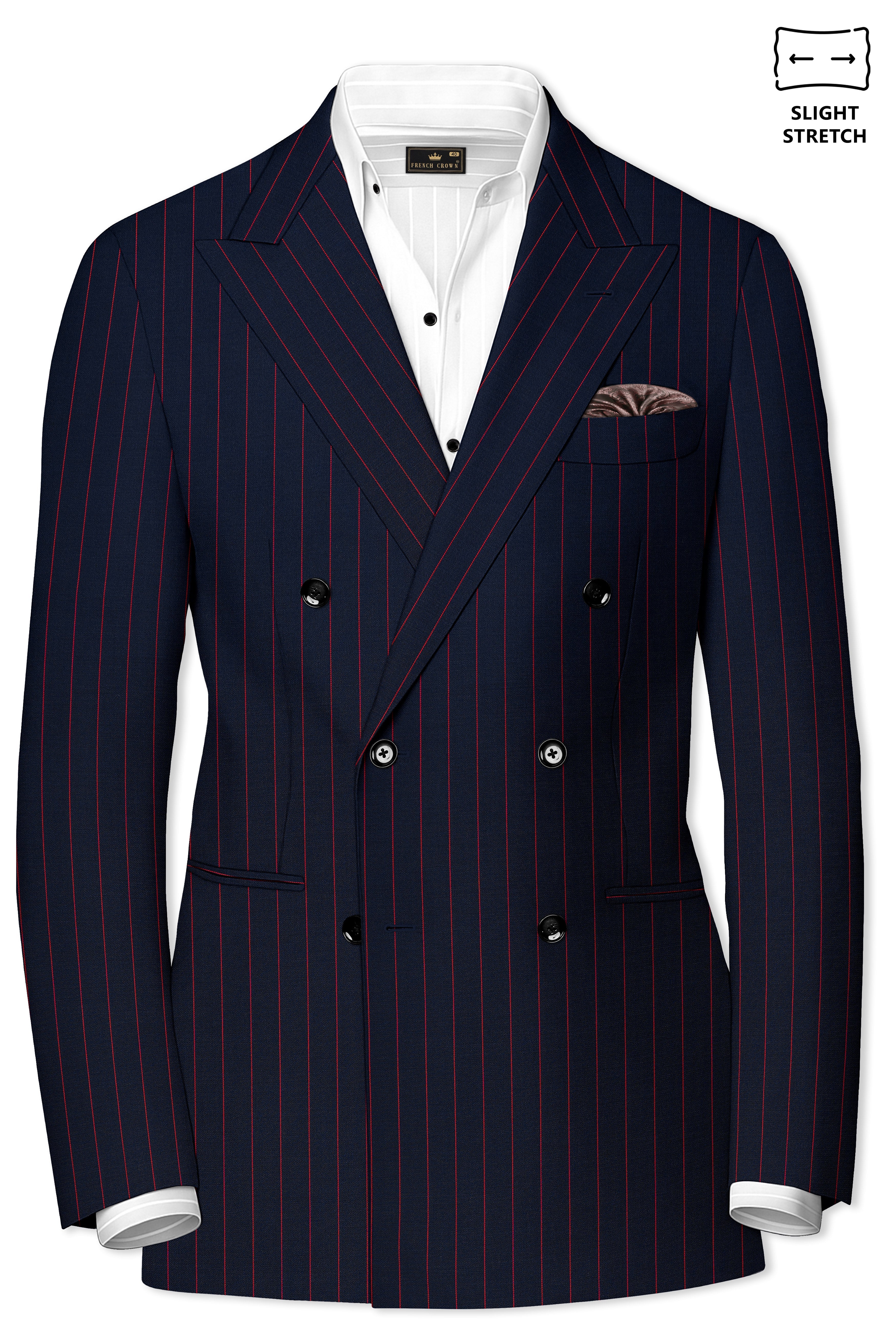 Striata-Haiti Blue And Brick Pink Chalk Striped Wool Rich Slight Stretch Double Breasted Suit