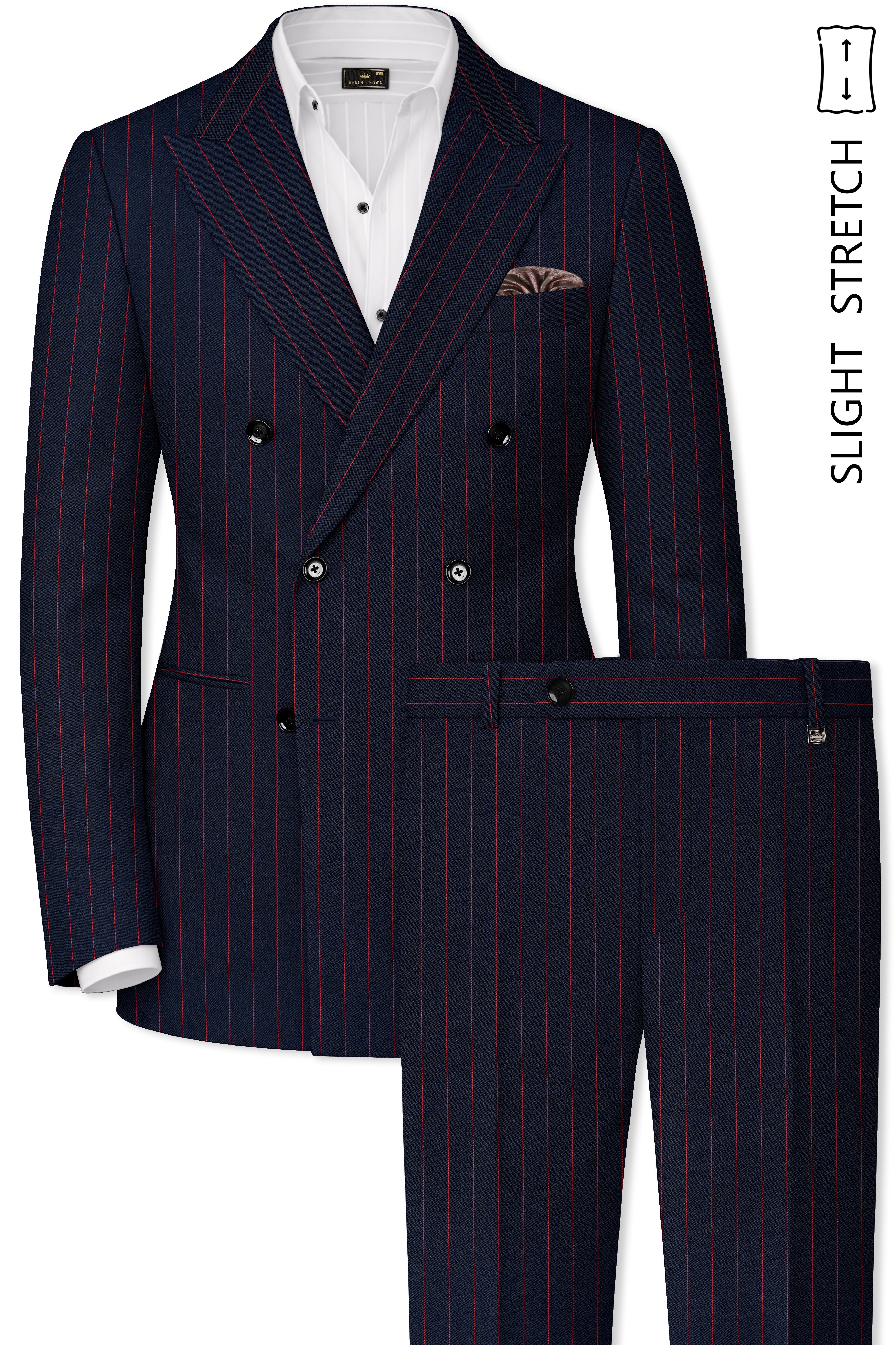Striata-Haiti Blue And Brick Pink Chalk Striped Wool Rich Slight Stretch Double Breasted Suit