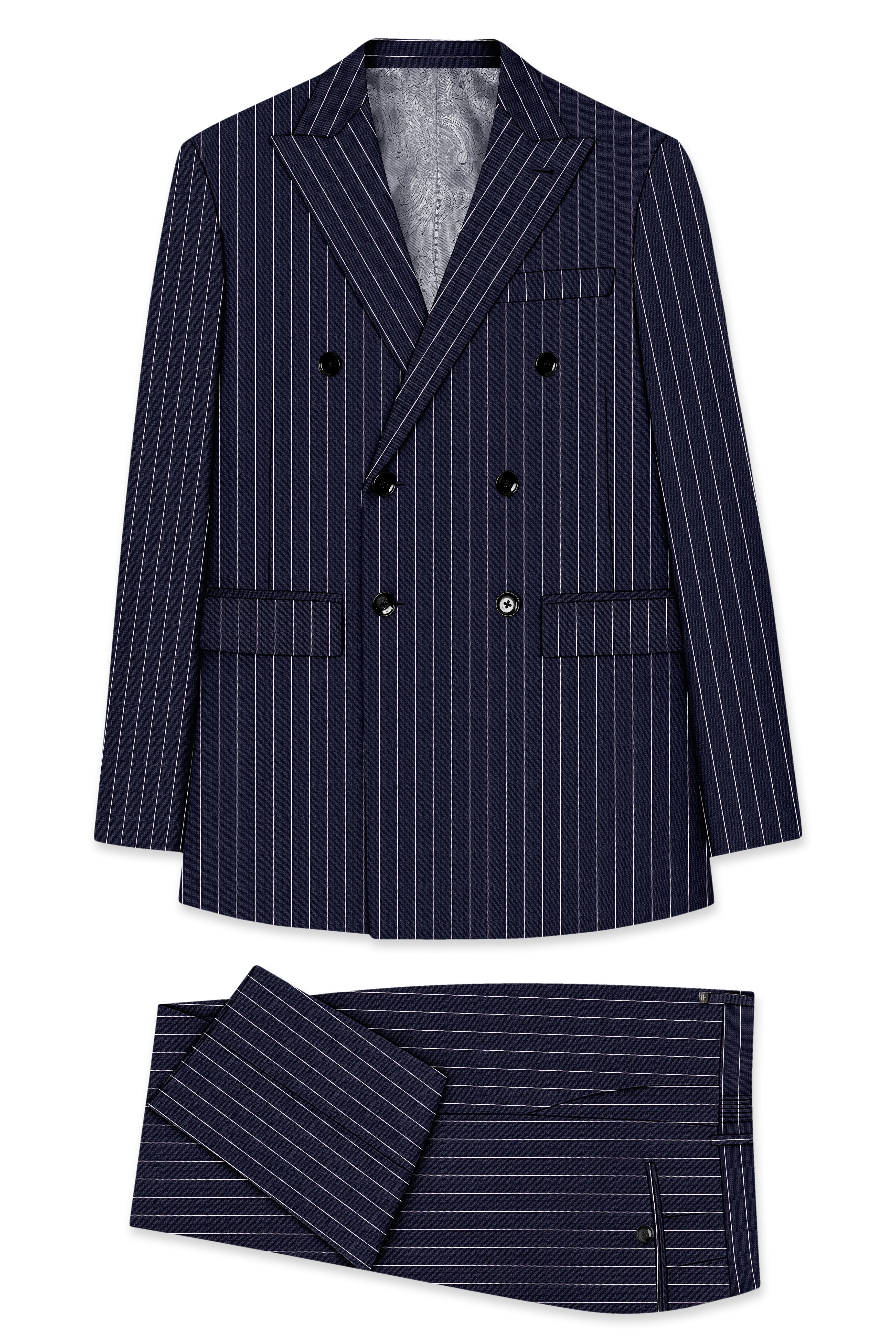 Regent-Ebony Blue And Bright White Chalk Striped Wool Rich Slight Stretch Double Breasted Suit
