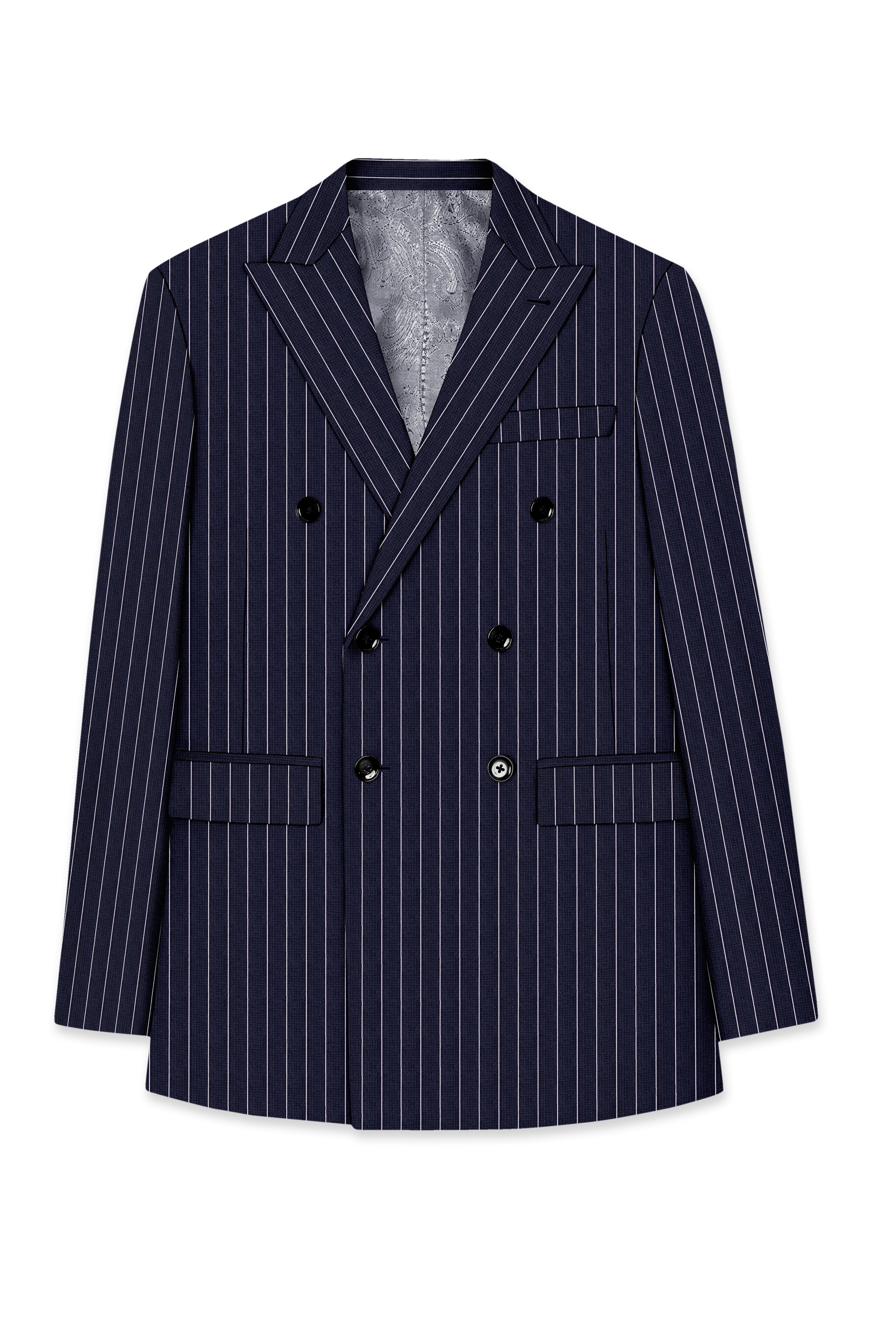Regent-Ebony Blue And Bright White Chalk Striped Wool Rich Slight Stretch Double Breasted Suit