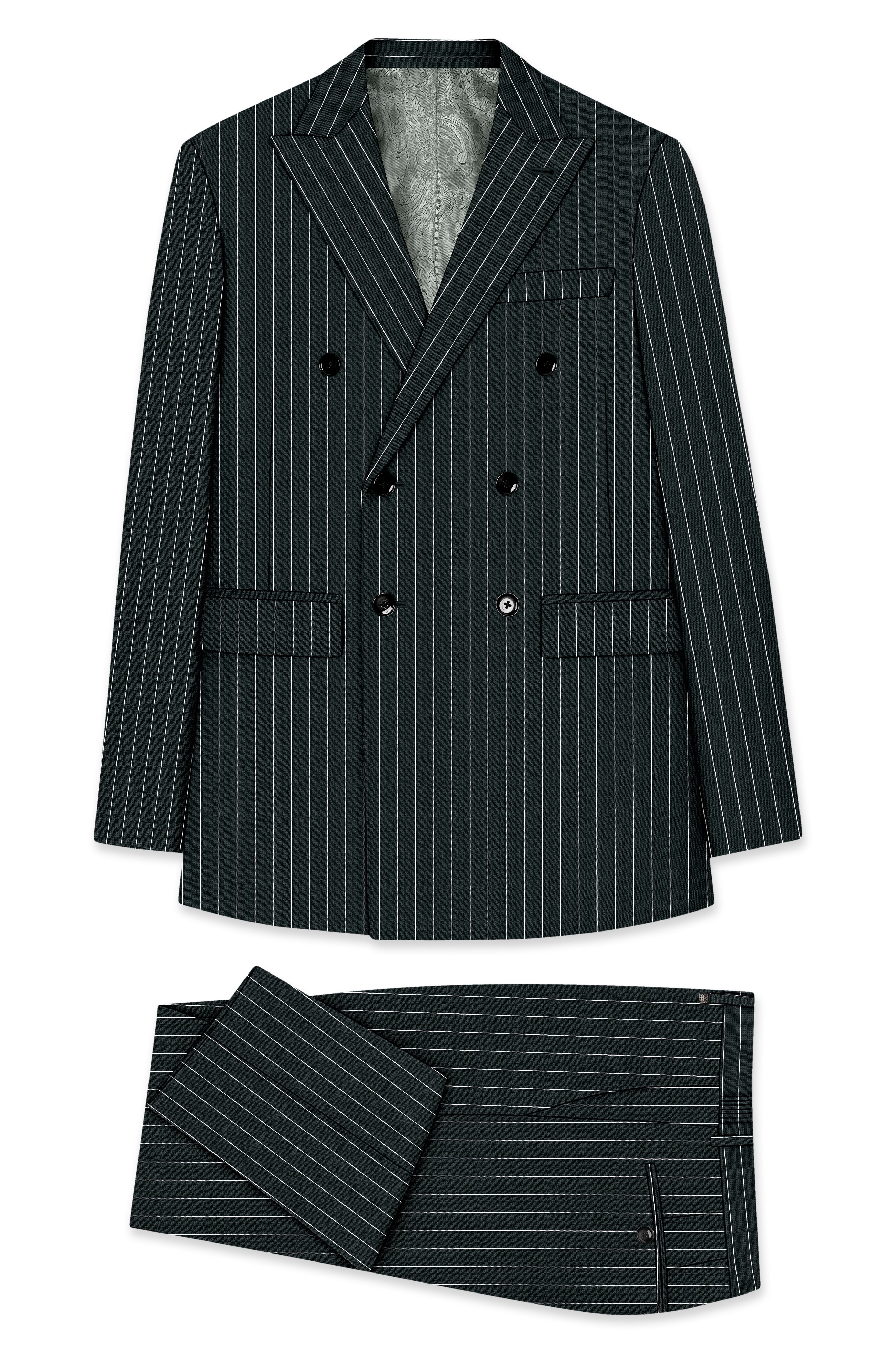Viceroy-Hunter Green And Bright White Chalk Striped Wool Rich Slight Stretch Double Breasted Suit