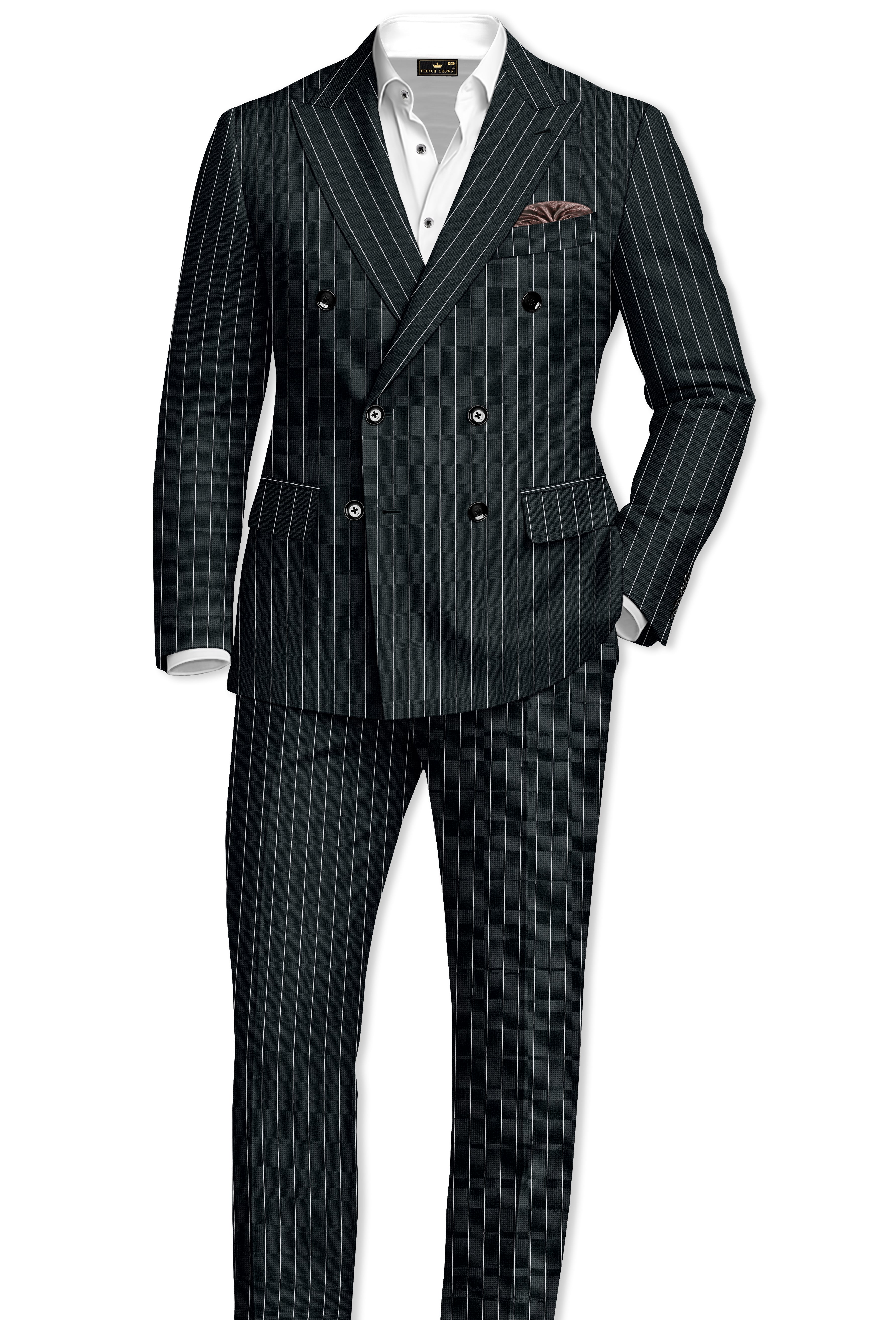 Viceroy-Hunter Green And Bright White Chalk Striped Wool Rich Slight Stretch Double Breasted Suit