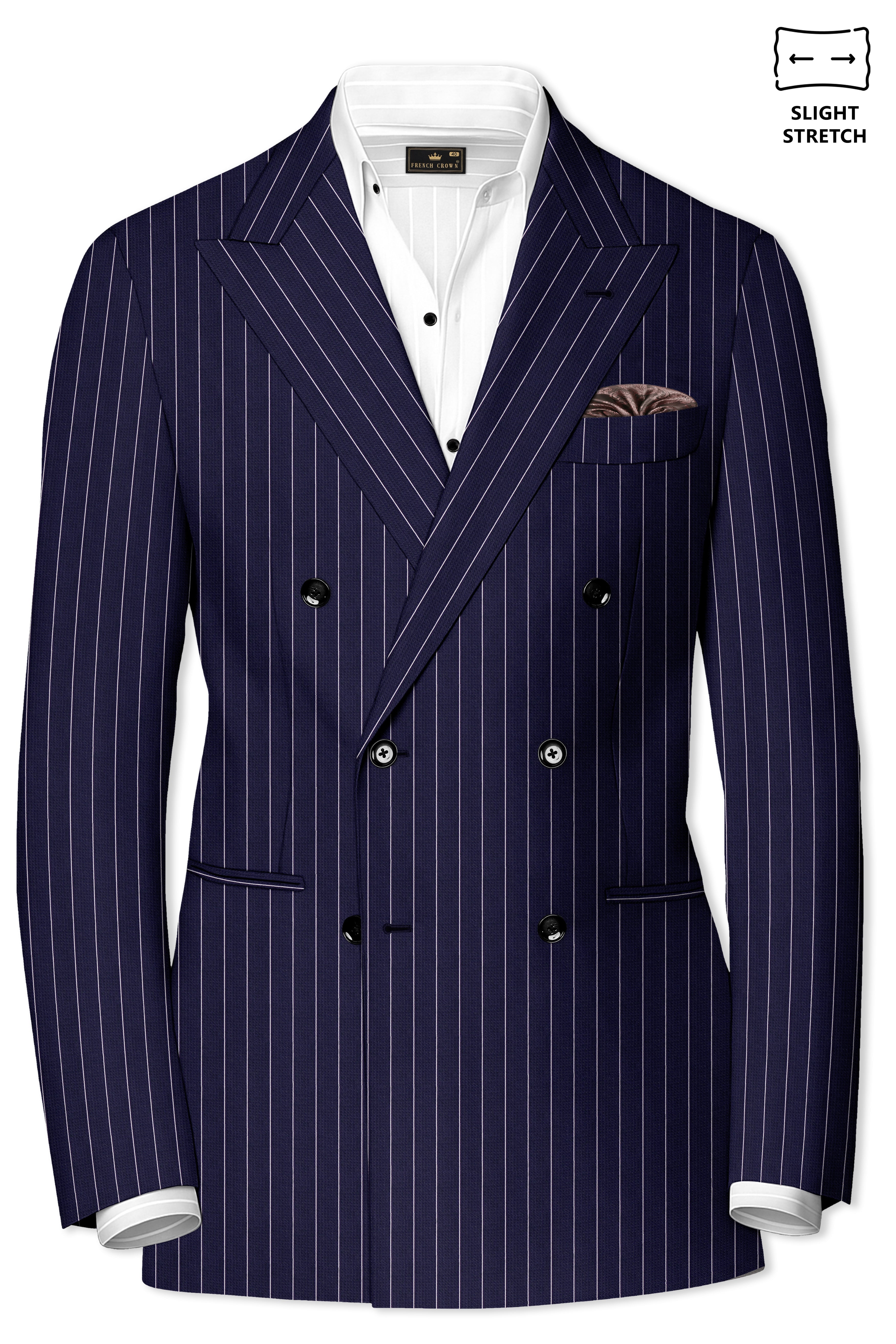 Ascot-Berry Blue And Bright White Chalk Striped Wool Rich Slight Stretch Double Breasted Suit
