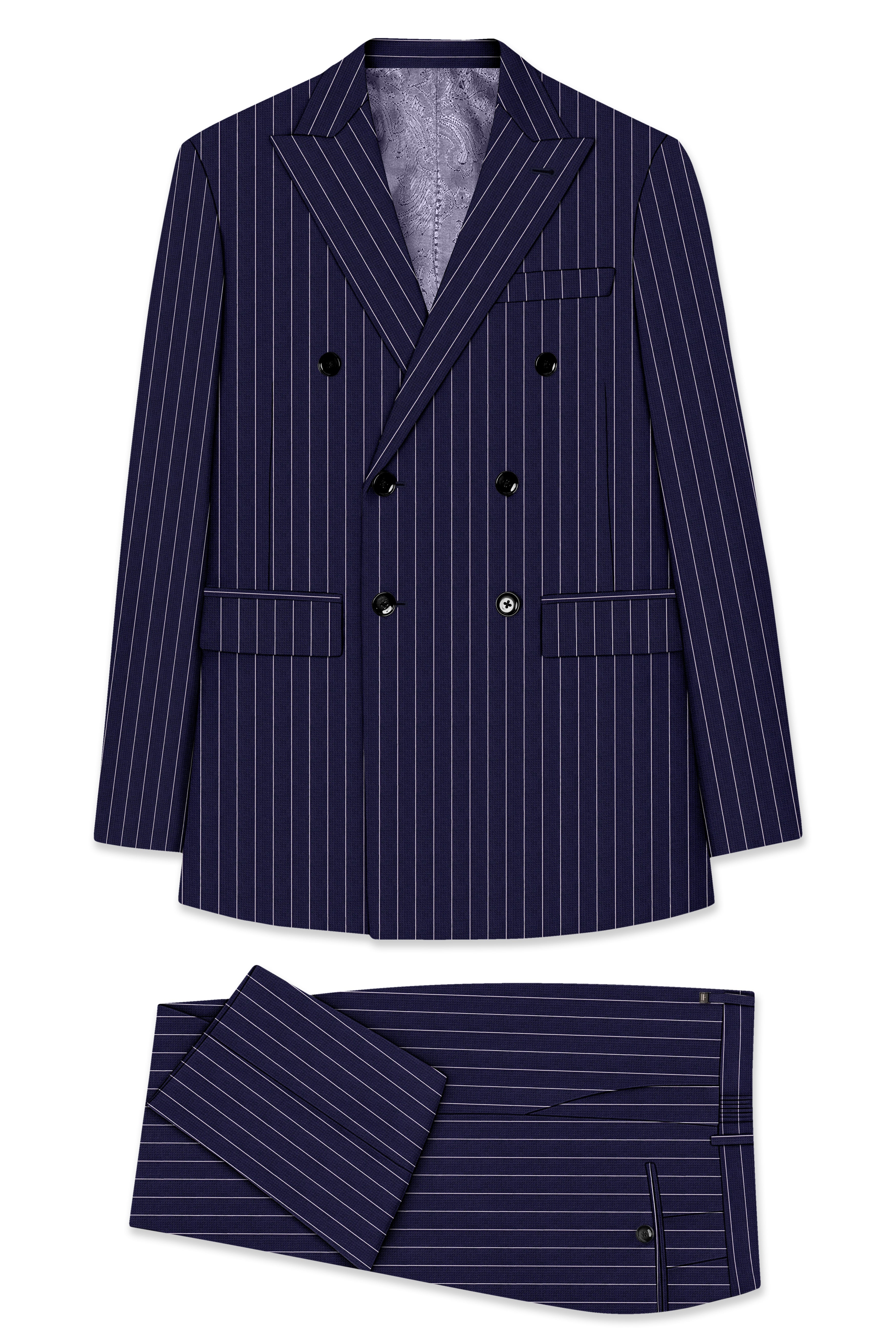Ascot-Berry Blue And Bright White Chalk Striped Wool Rich Slight Stretch Double Breasted Suit