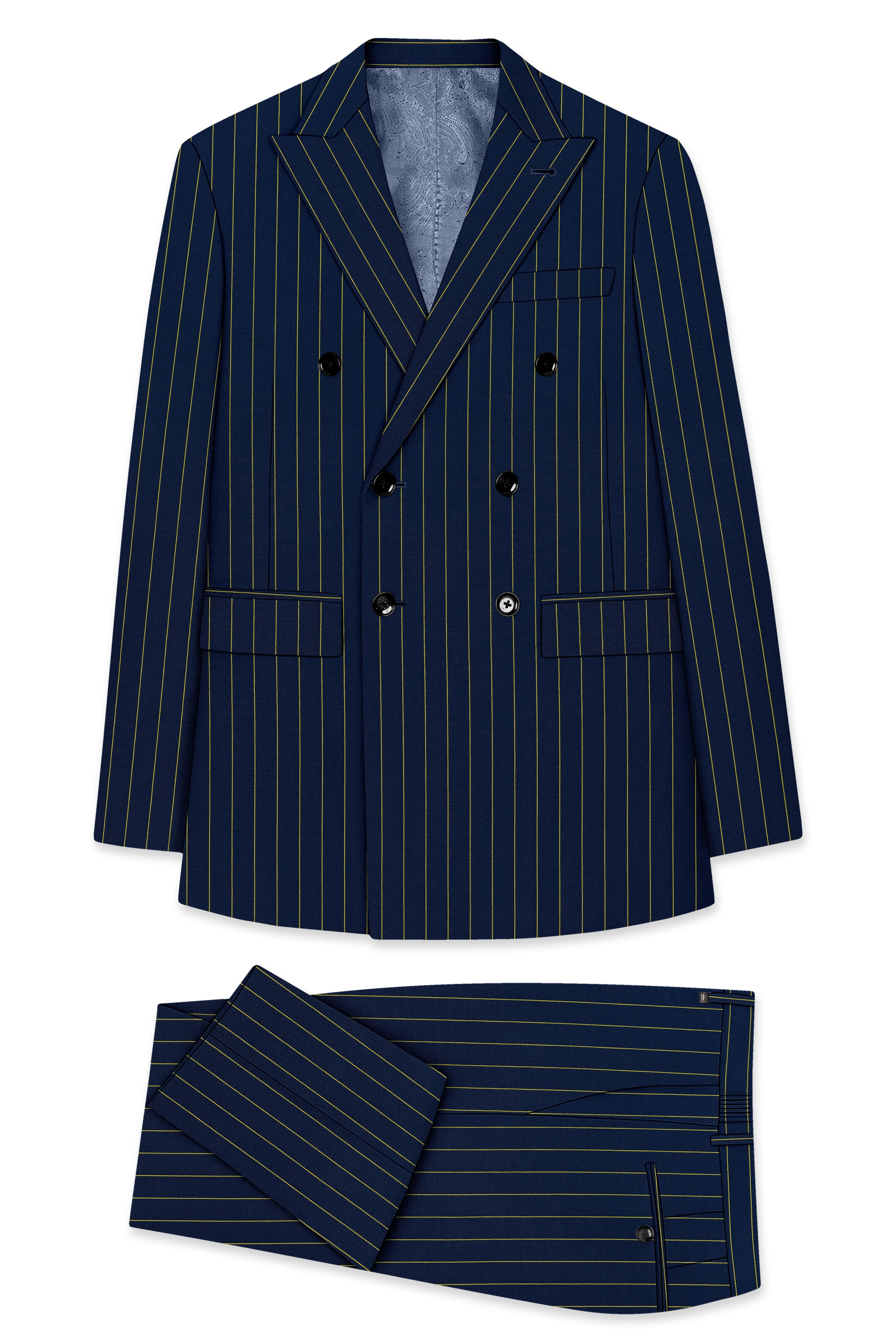 Aurum-Midnight Blue And Harvest Yellow Chalk Striped Wool Rich Slight Stretch Double Breasted Suit