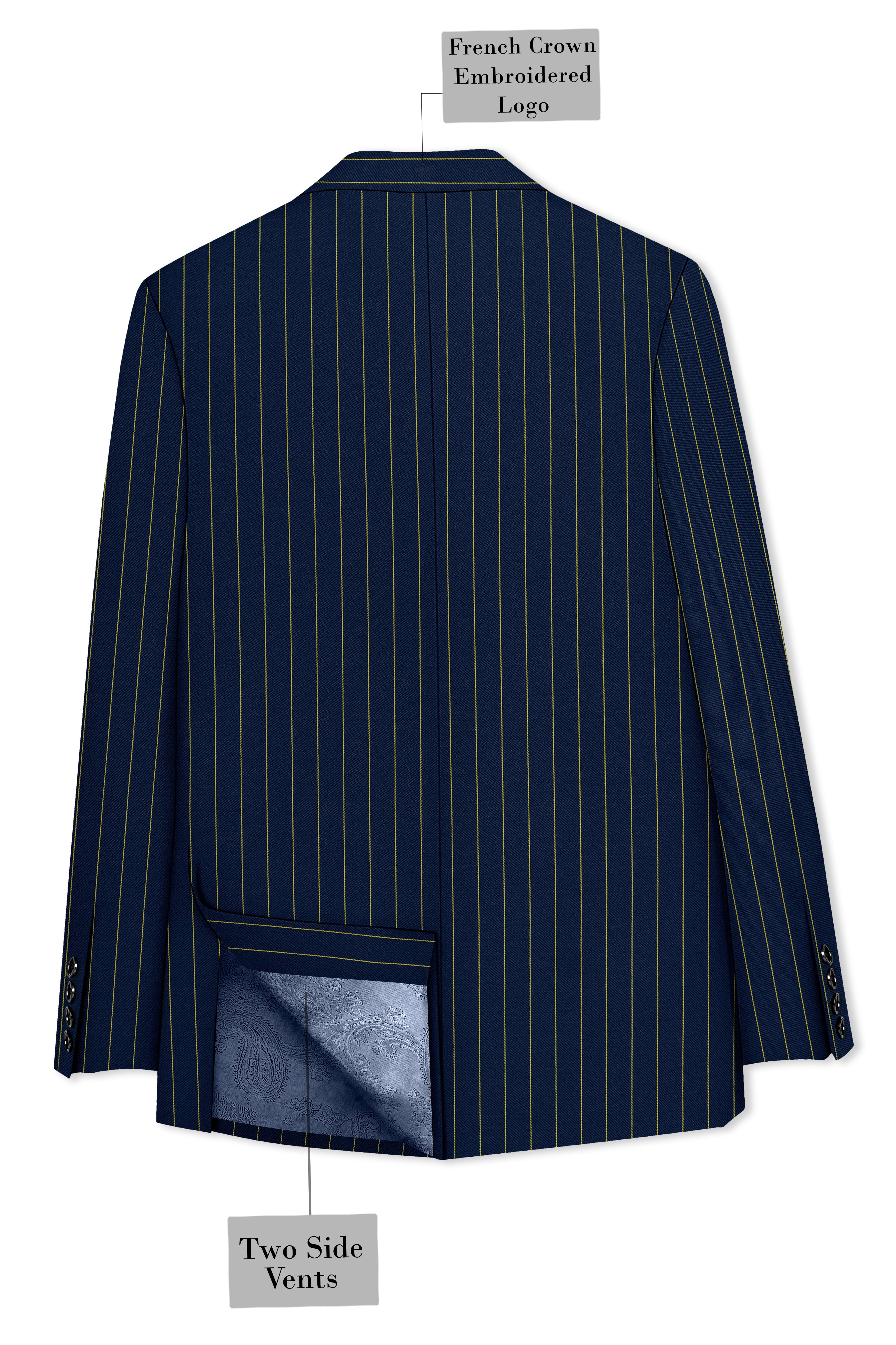Aurum-Midnight Blue And Harvest Yellow Chalk Striped Wool Rich Slight Stretch Double Breasted Suit