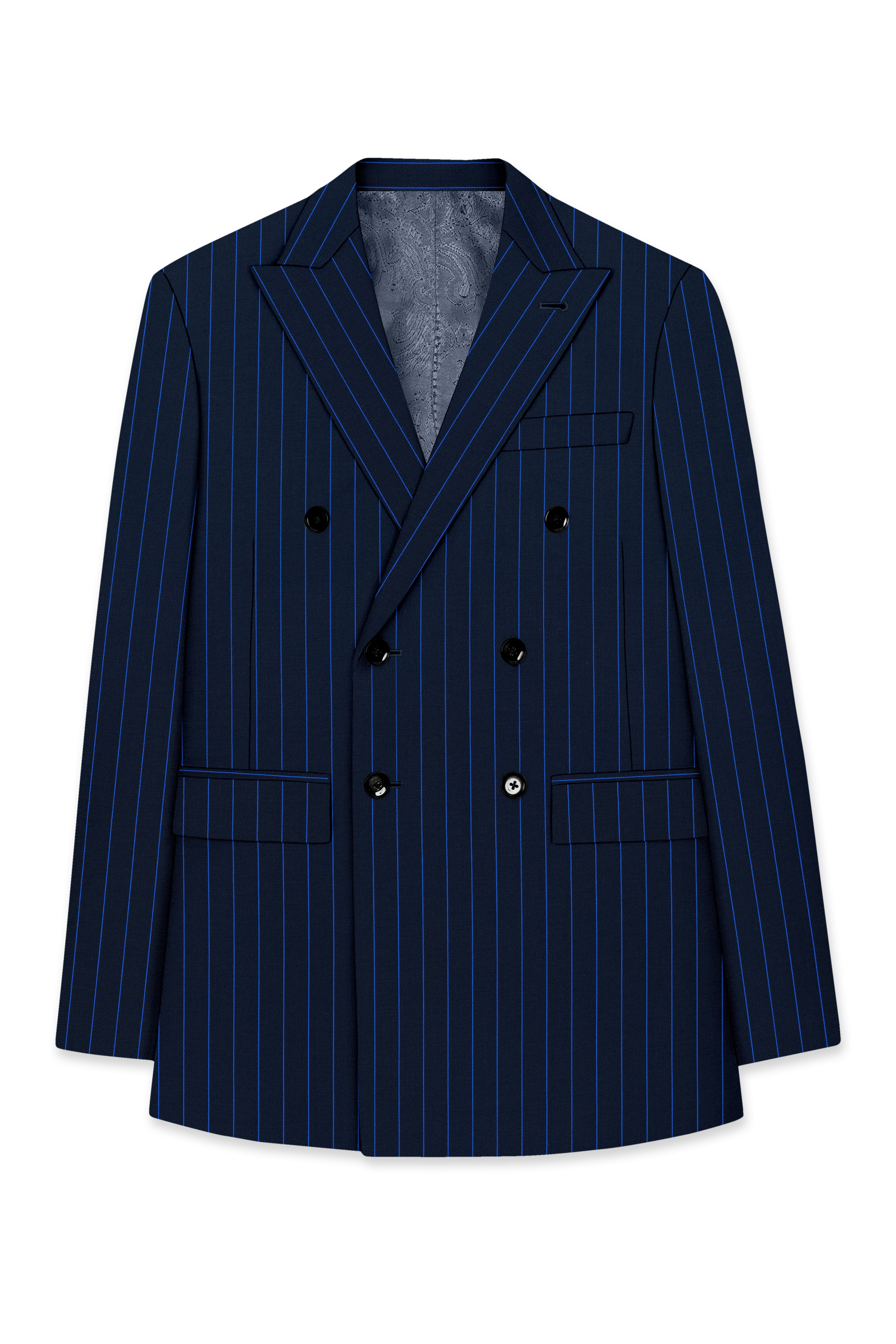 Strivon-Tealish Blue Chalk Striped Wool Rich Slight Stretch Double Breasted Suit