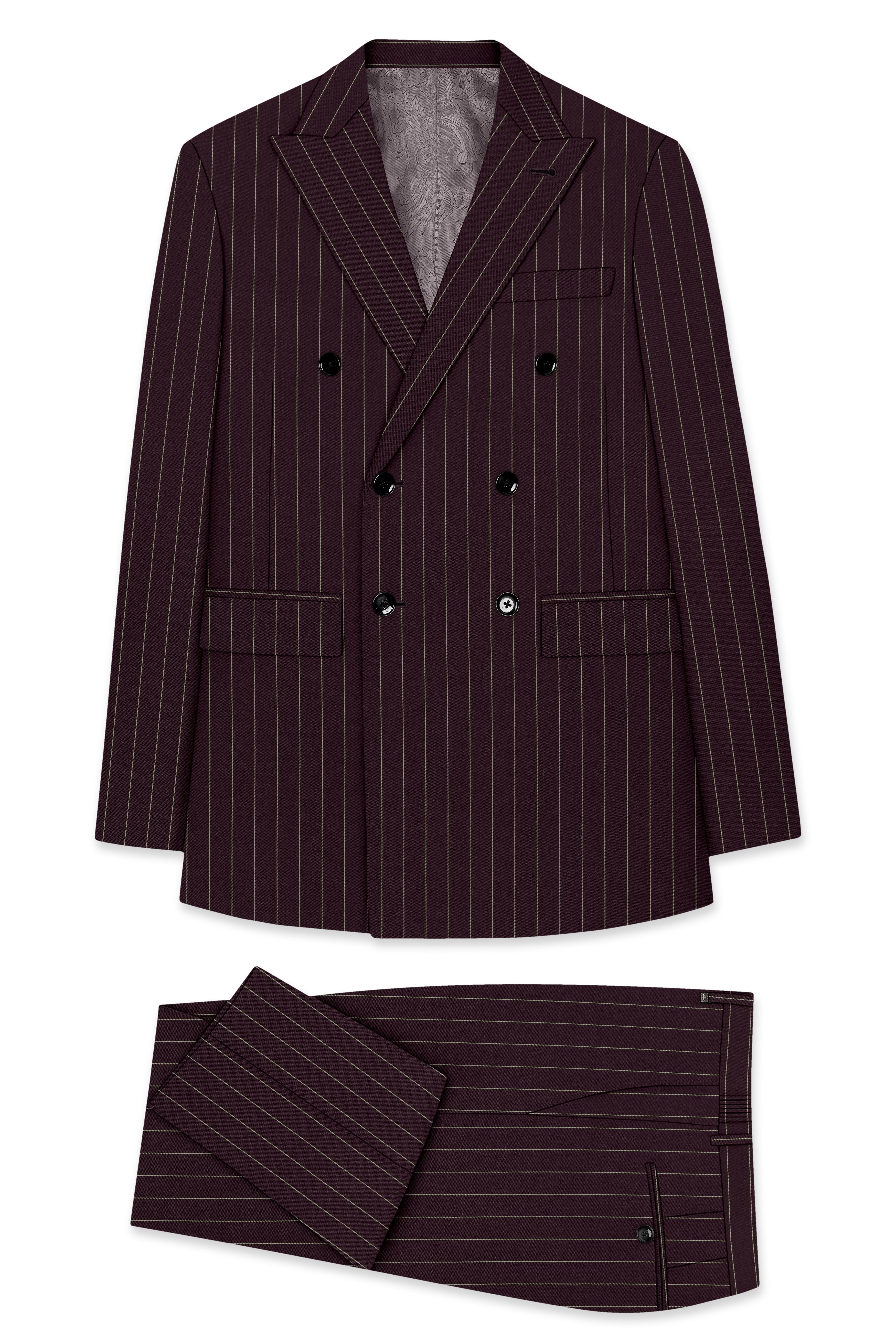 Valiant-Seal Maroon And Bright White Chalk Striped Wool Rich Slight Stretch Double Breasted Suit