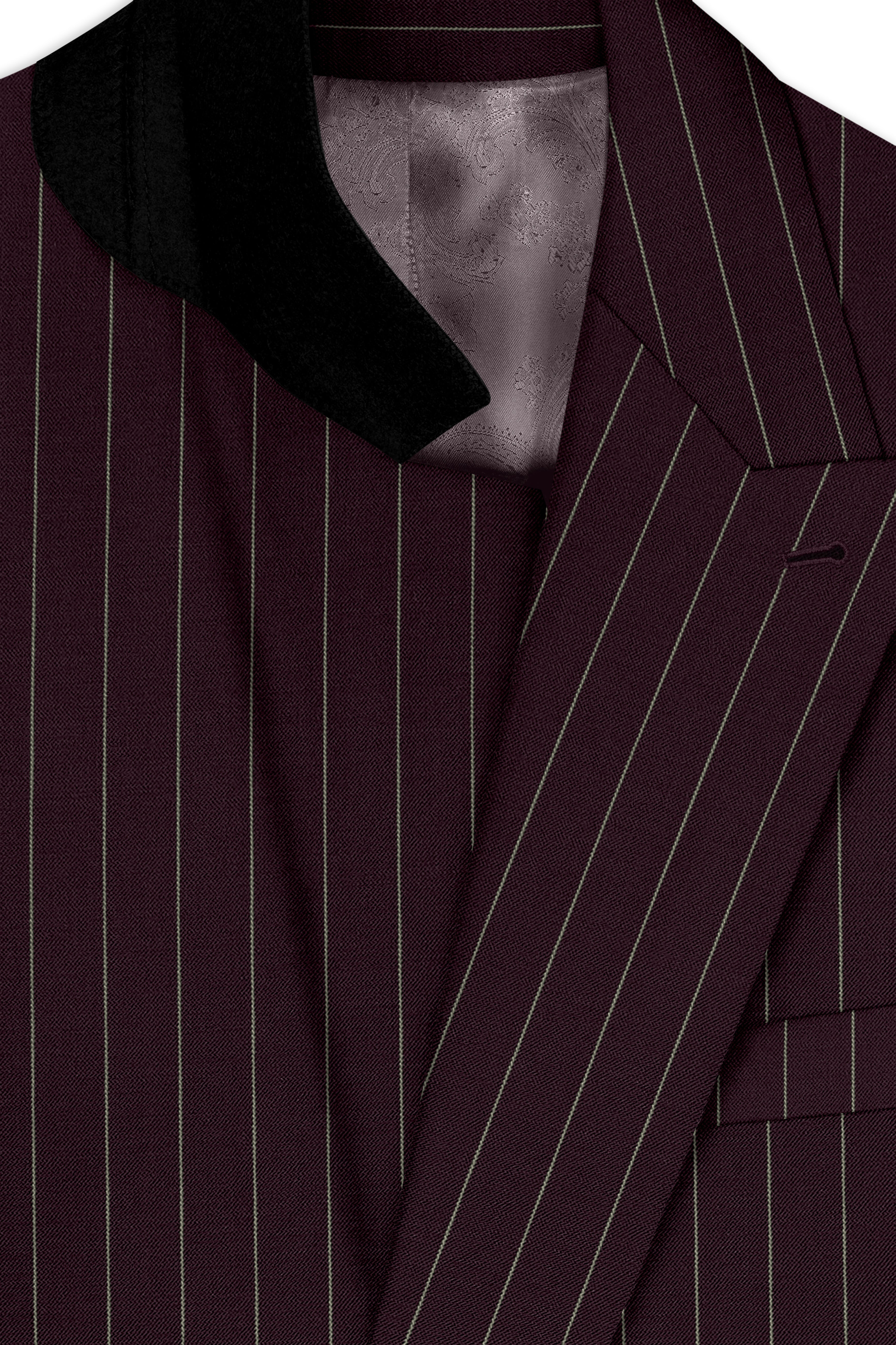 Valiant-Seal Maroon And Bright White Chalk Striped Wool Rich Slight Stretch Double Breasted Suit