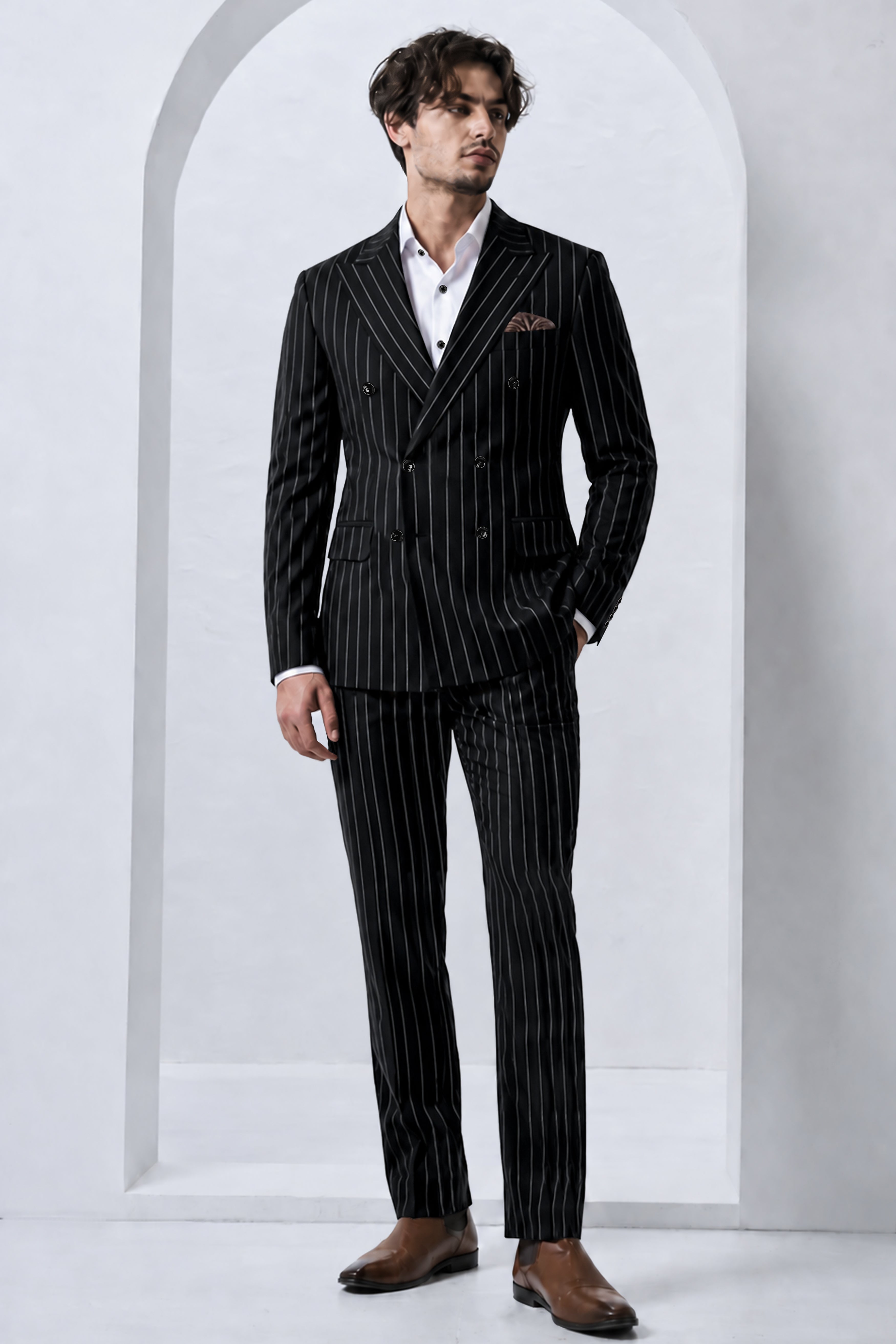 Veritas-Jade Black And Bright White Pin Striped Wool Rich Slight Stretch Double Breasted Suit