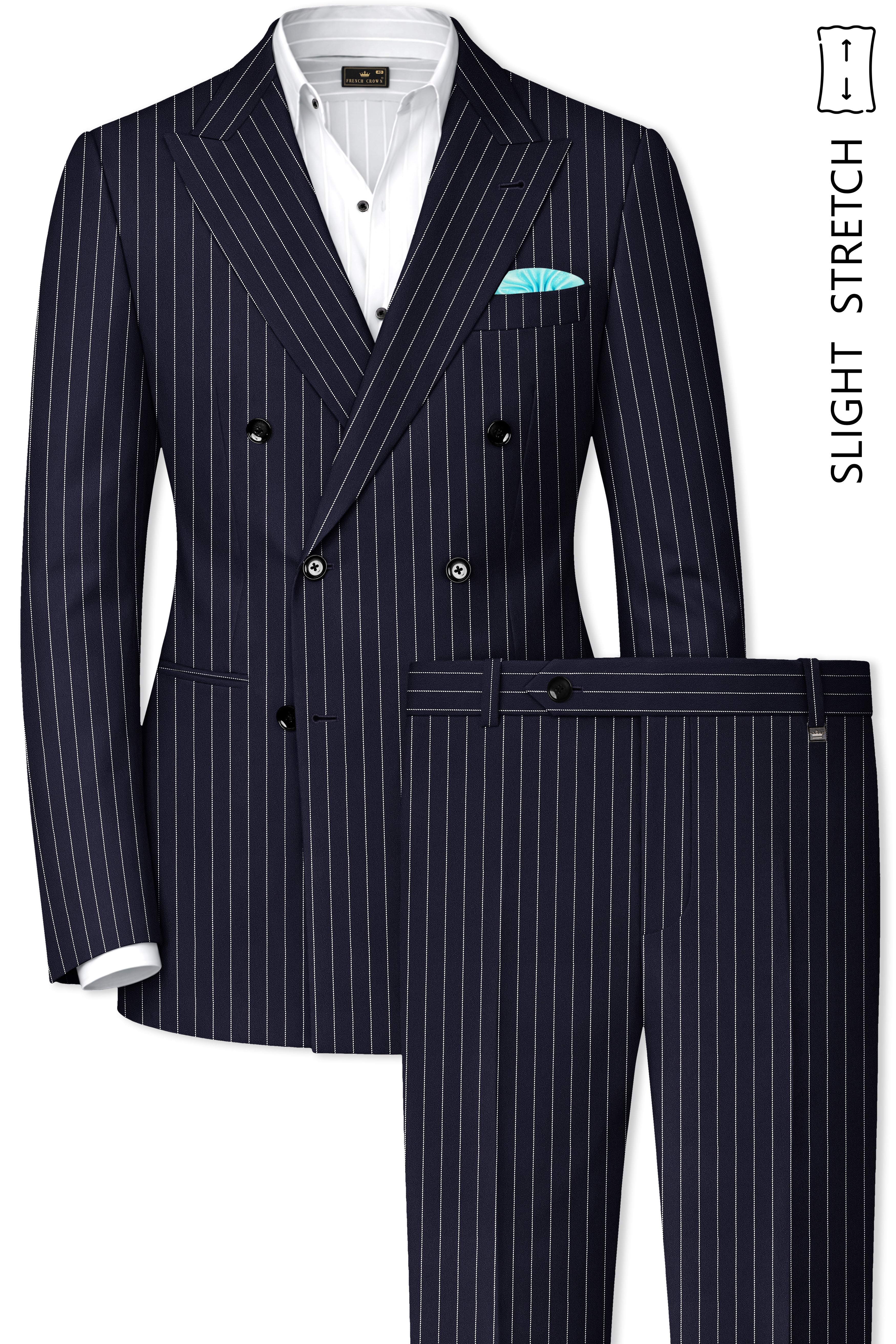 Aurelius-Cinder Blue Bright White Chalk Striped Wool Rich Slight Stretch Double Breasted Suit