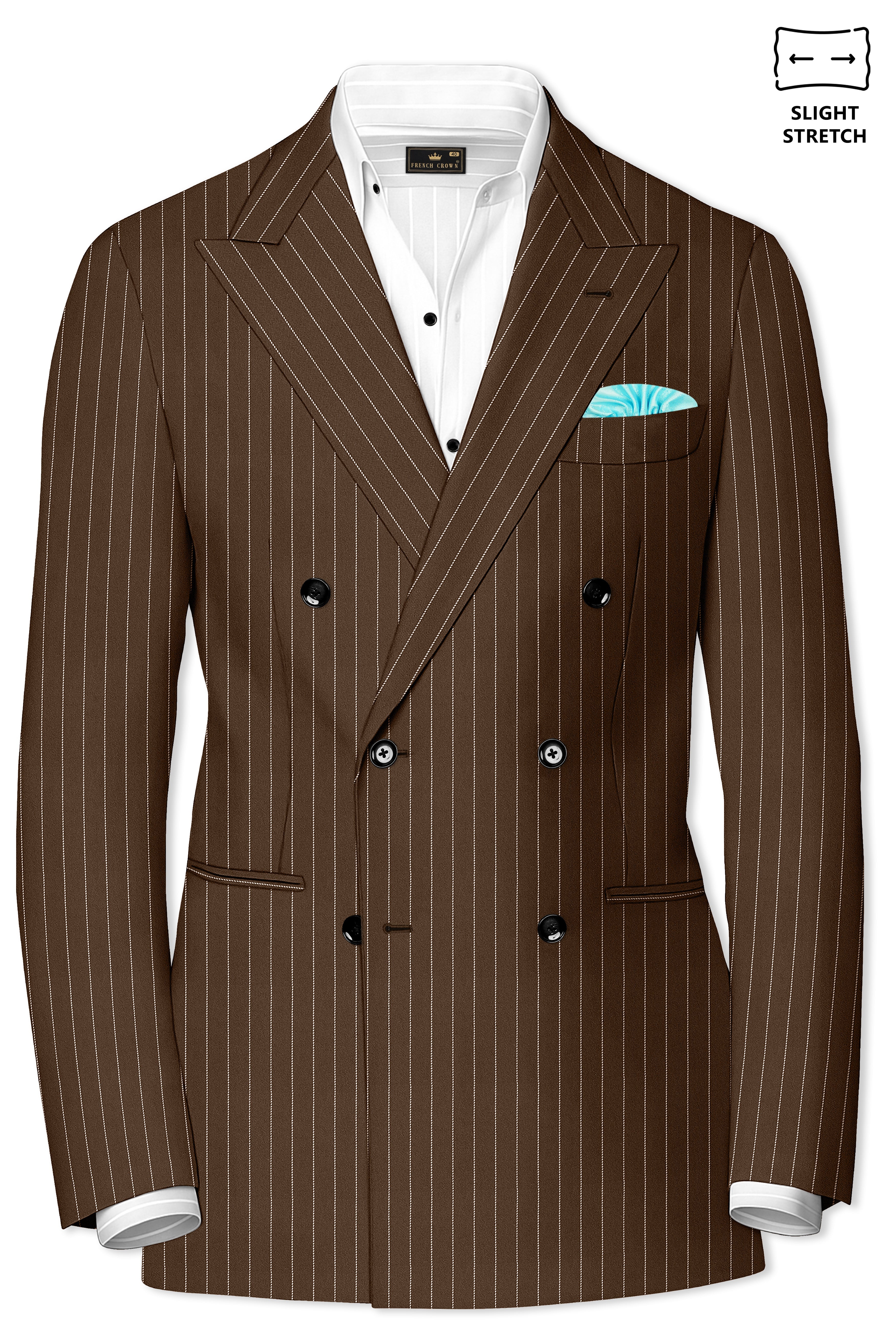 Bristol-Iroko Brown And Bright White Chalk Striped Wool Rich Slight Stretch Double Breasted Suit