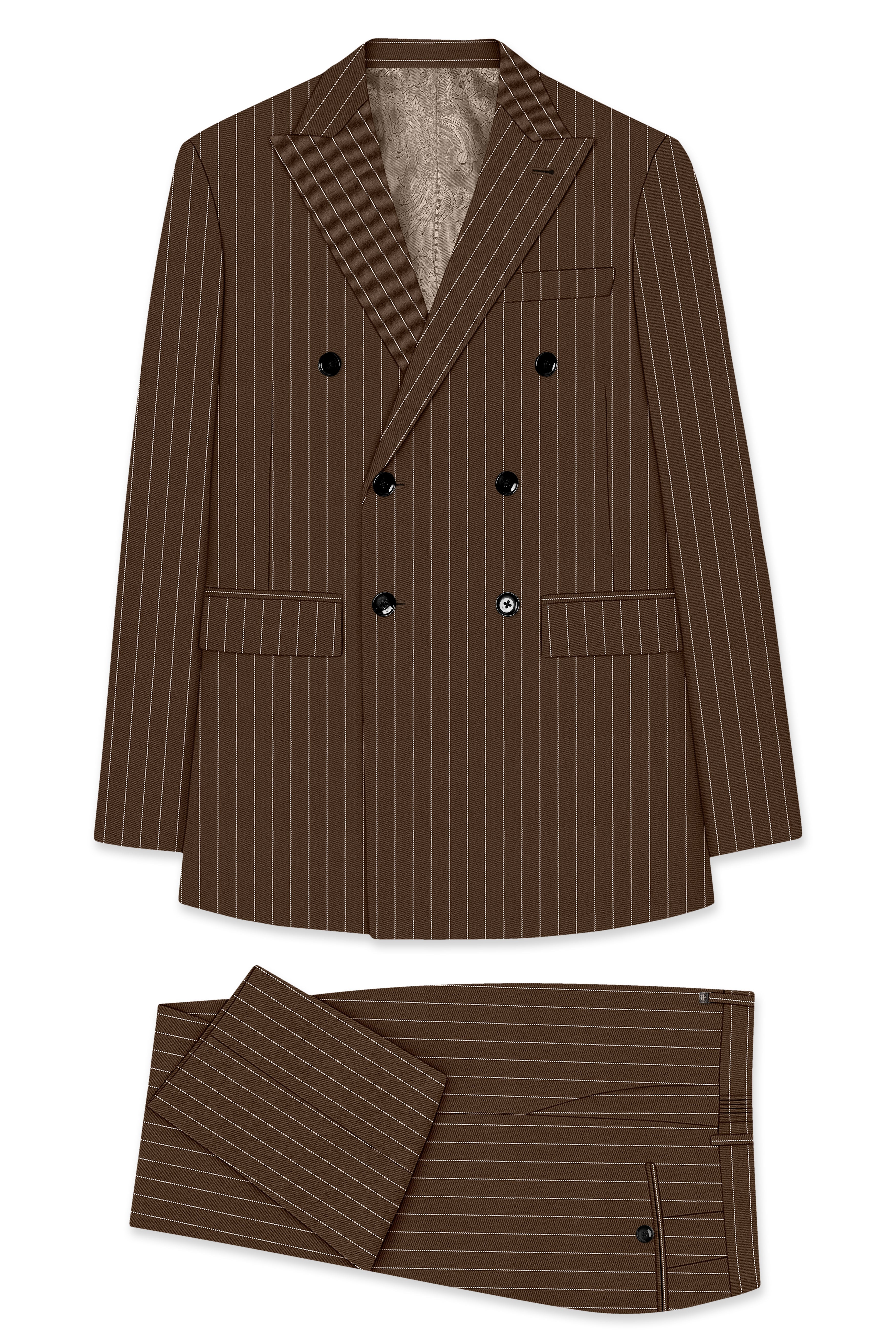 Bristol-Iroko Brown And Bright White Chalk Striped Wool Rich Slight Stretch Double Breasted Suit