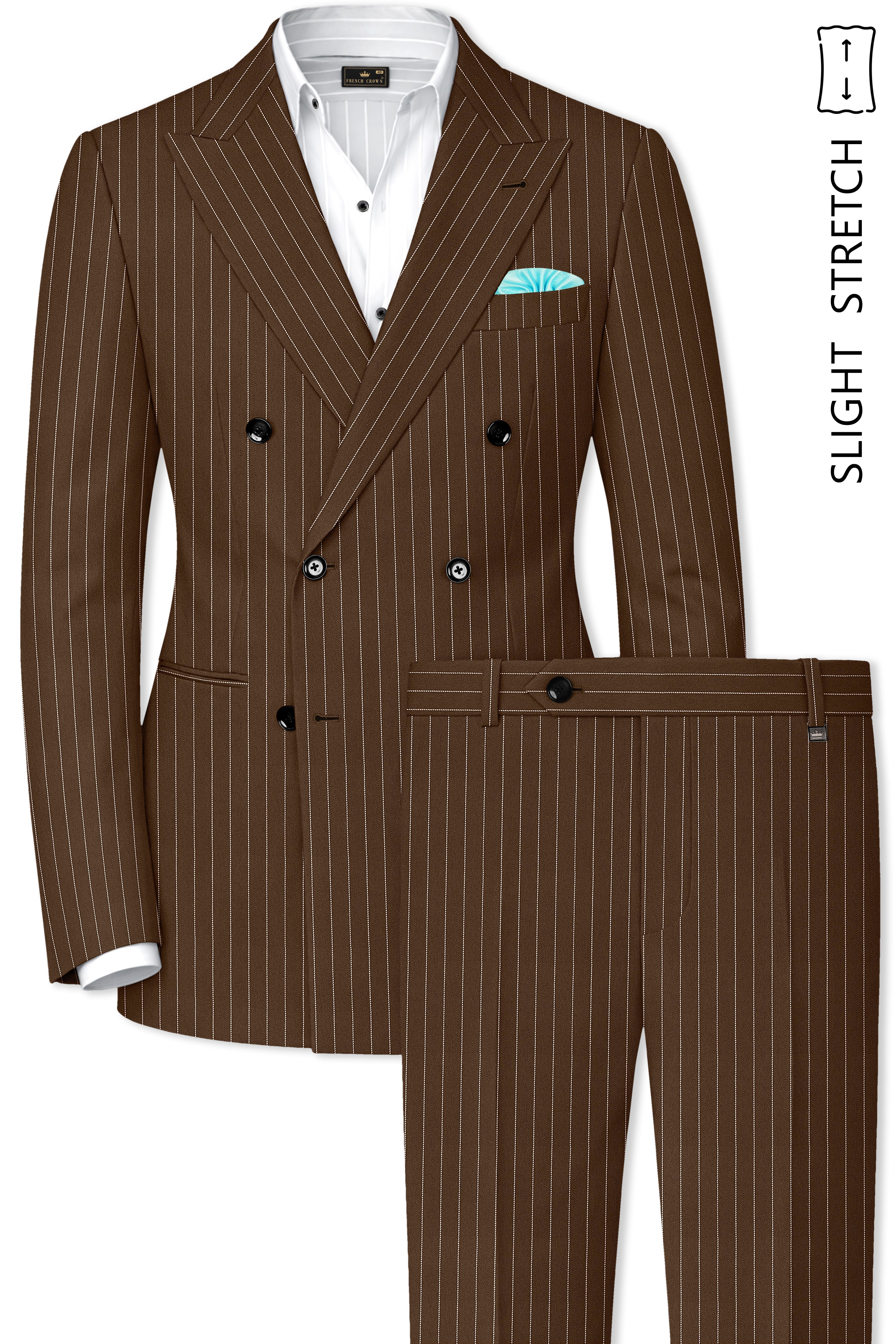 Bristol-Iroko Brown And Bright White Chalk Striped Wool Rich Slight Stretch Double Breasted Suit