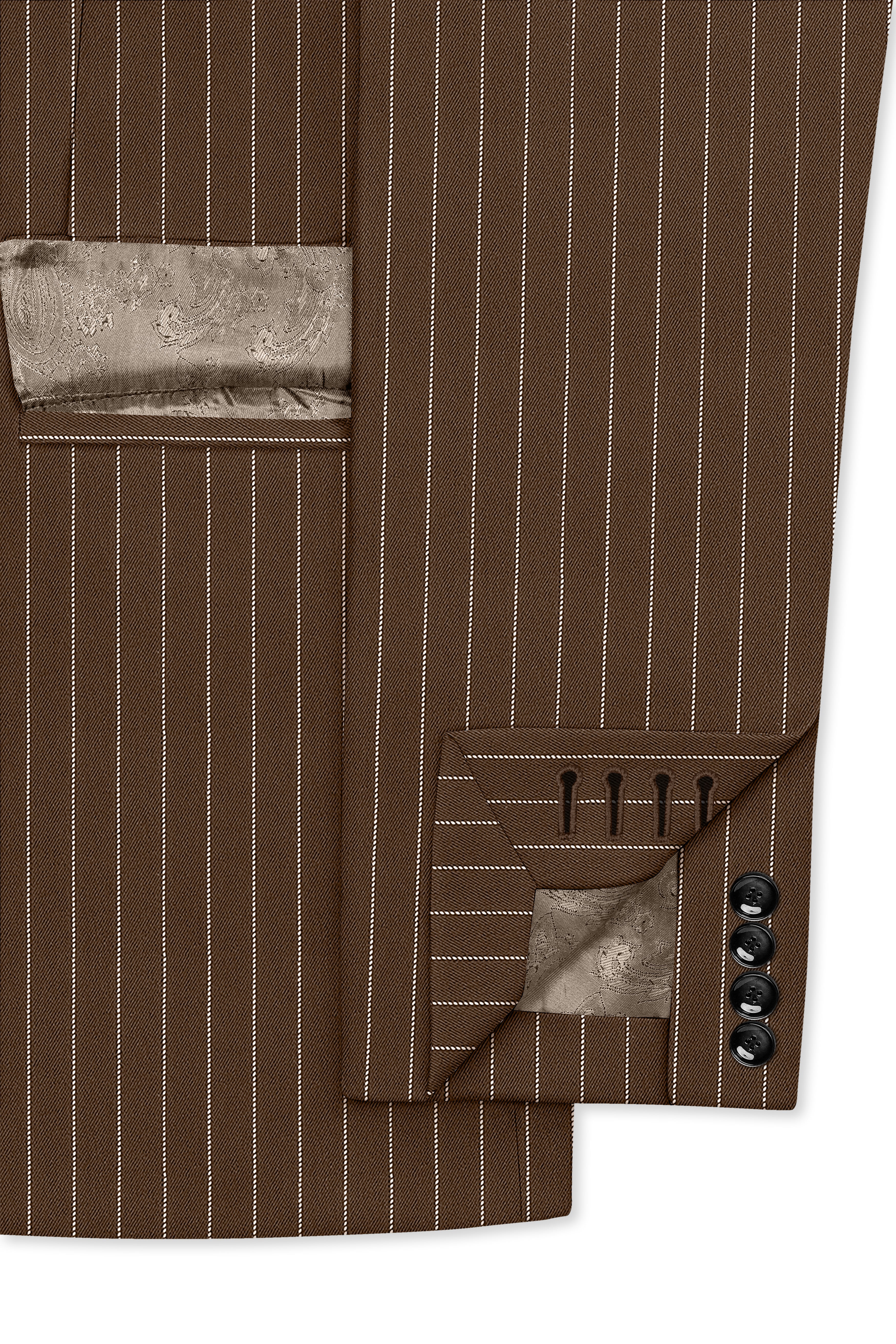 Bristol-Iroko Brown And Bright White Chalk Striped Wool Rich Slight Stretch Double Breasted Suit
