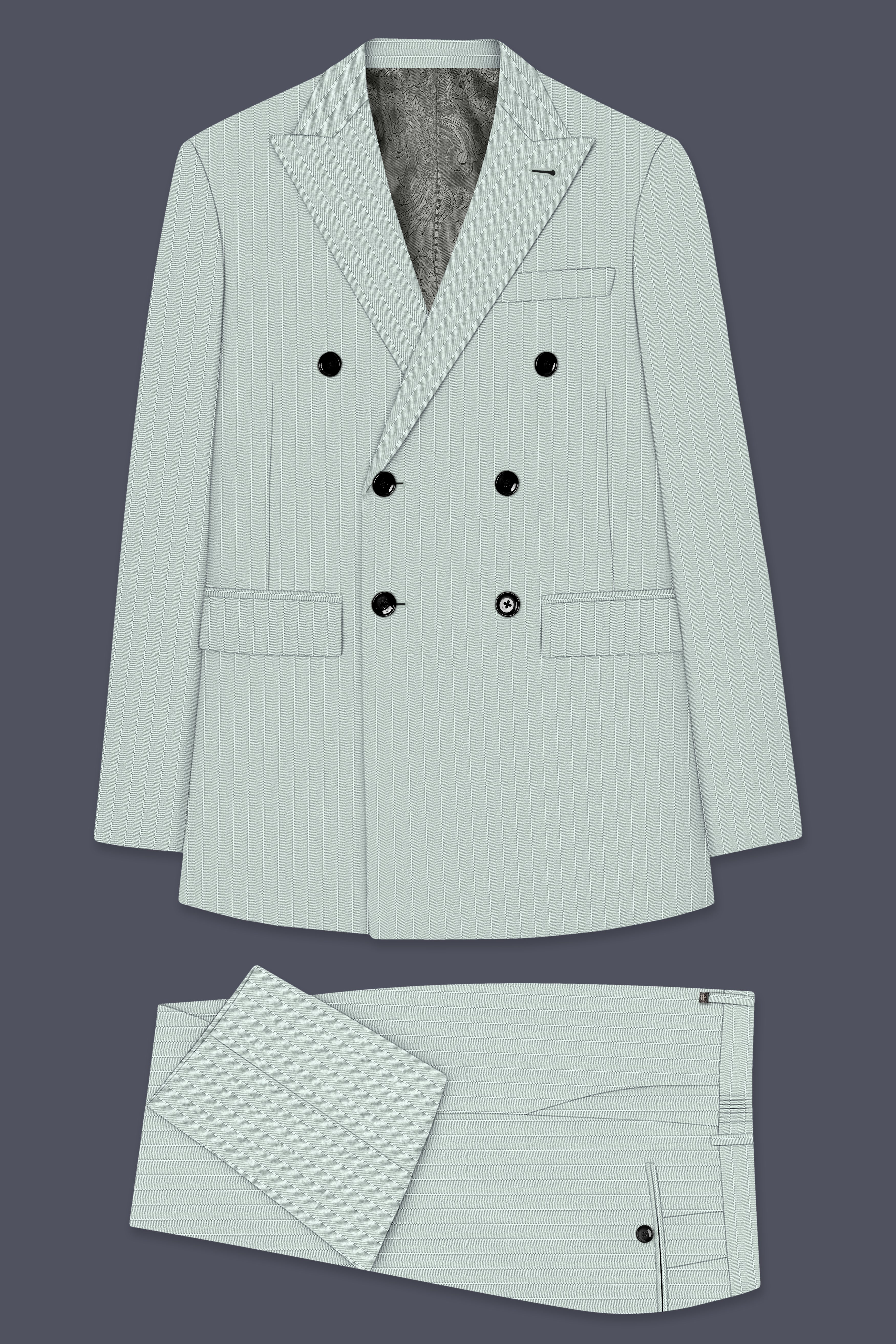 Halcyon-Pale Slate Green Herringbone Striped Wool Rich Slight Stretch Double Breasted Suit