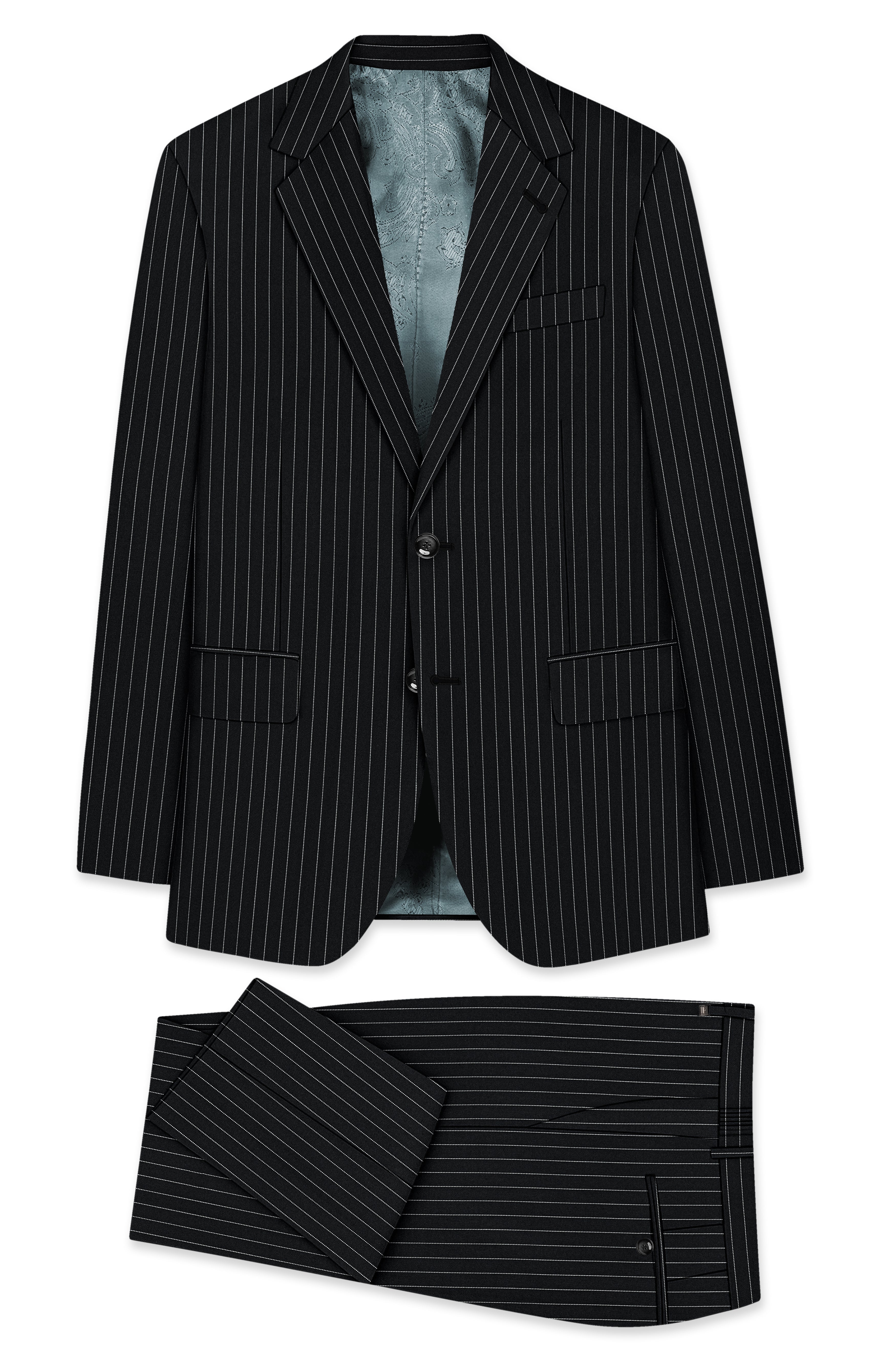 Strivon-Jade Black And Bright White Chalk Striped Wool Rich Slight Stretch Single Breasted Suit