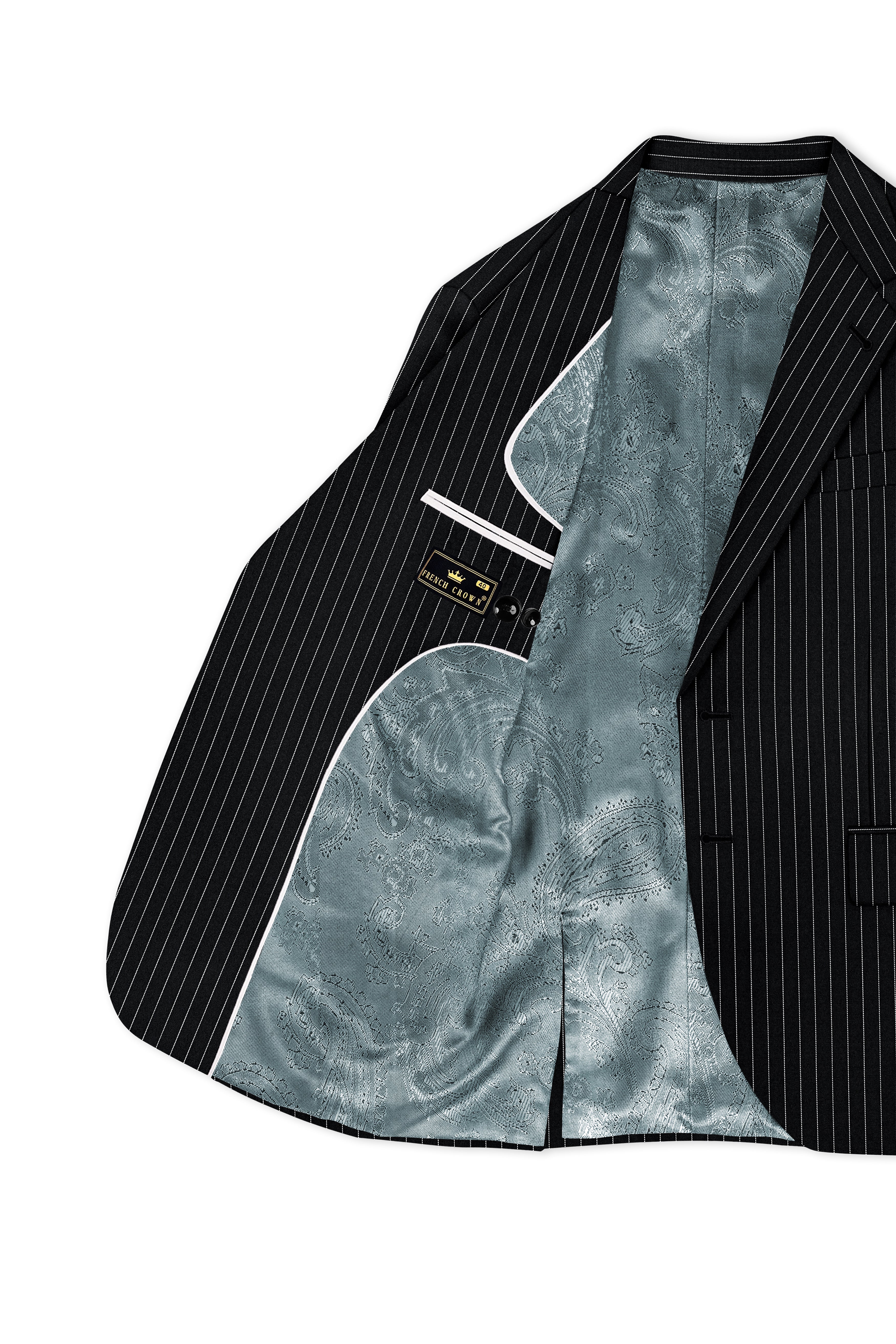 Strivon-Jade Black And Bright White Chalk Striped Wool Rich Slight Stretch Single Breasted Suit