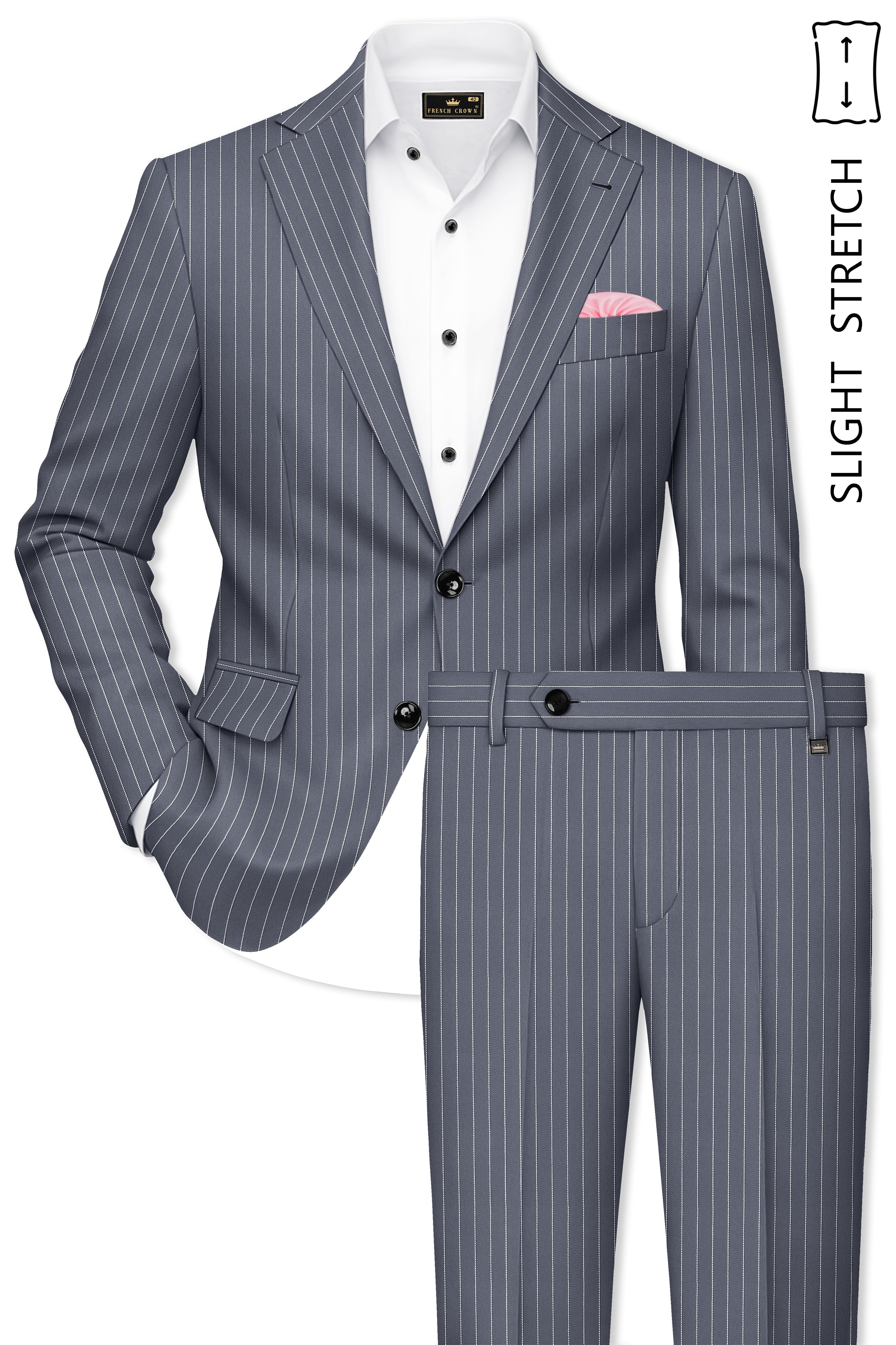 Monarch-Shark Gray And Bright White Chalk Striped Wool Rich Slight Stretch Single Breasted Suit