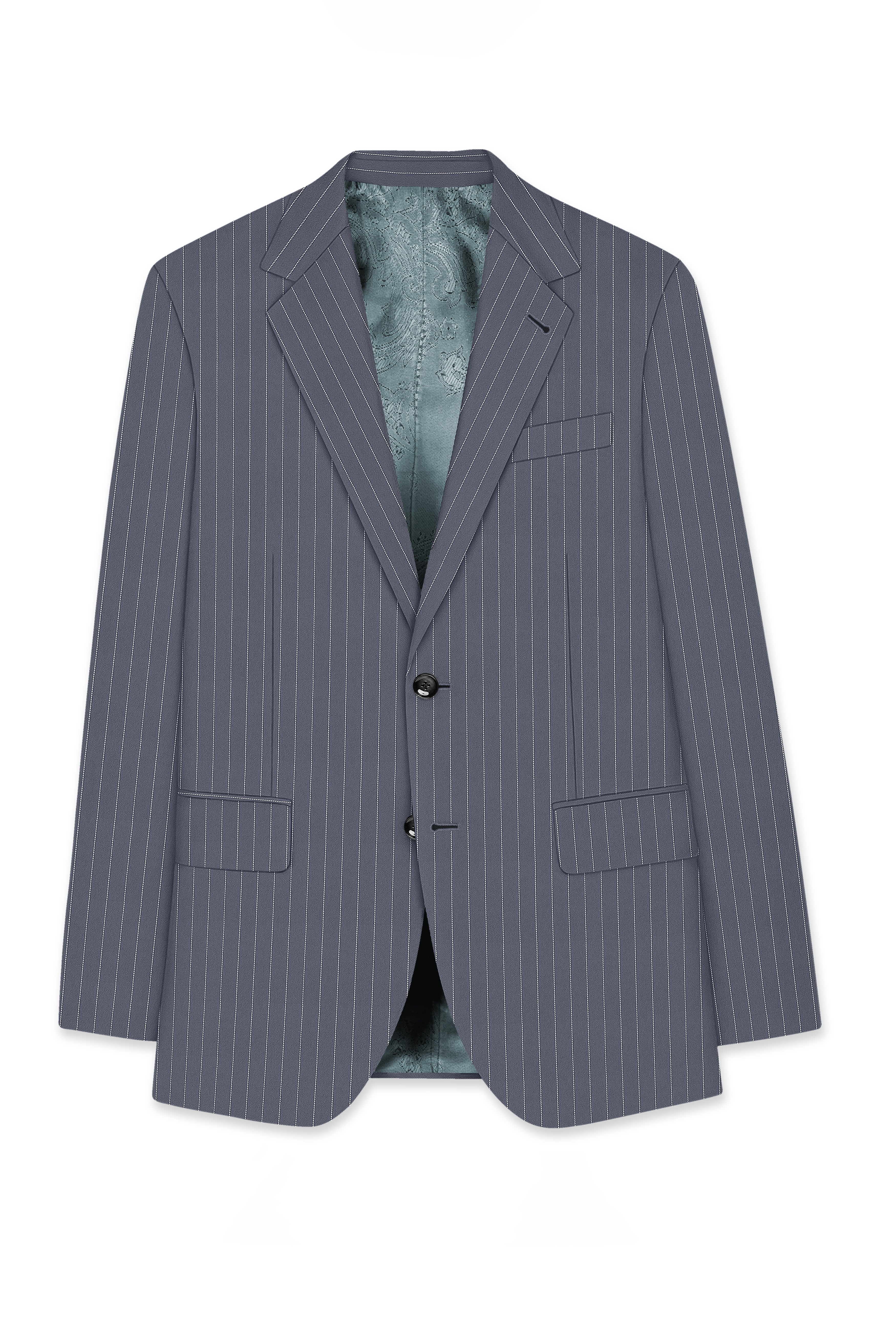 Monarch-Shark Gray And Bright White Chalk Striped Wool Rich Slight Stretch Single Breasted Suit