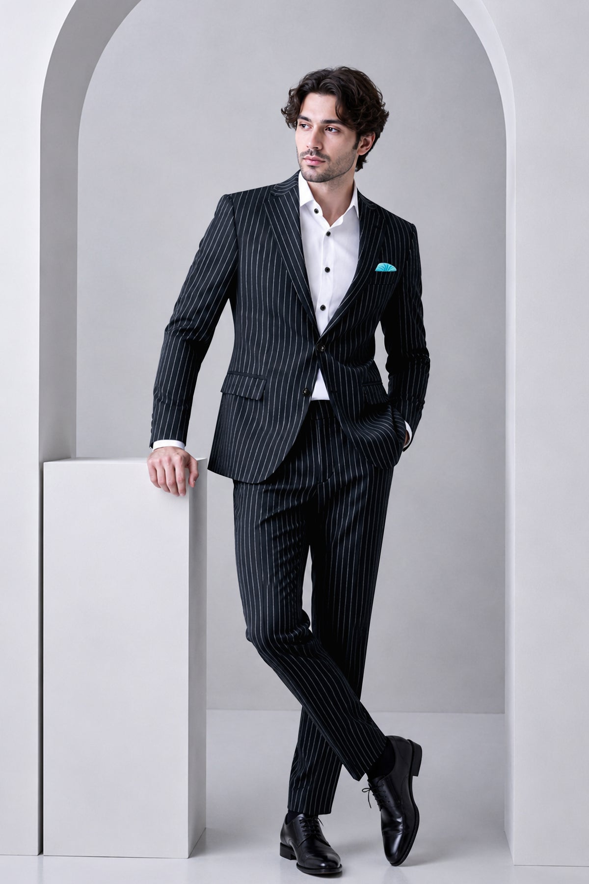 Echelon-Vulcan Blue Herringbone Striped Wool Rich Slight Stretch Single Breasted Suit