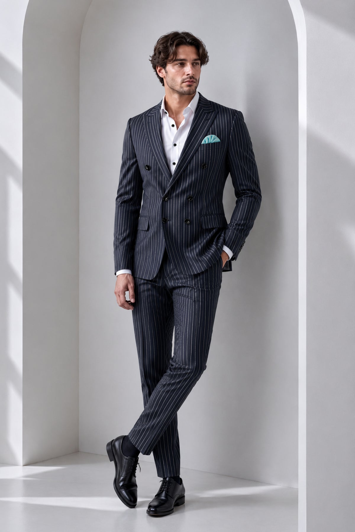 Maris-Baltic Sea Blue And Bright White Chalk Striped Wool Rich Slight Stretch Single Breasted Suit