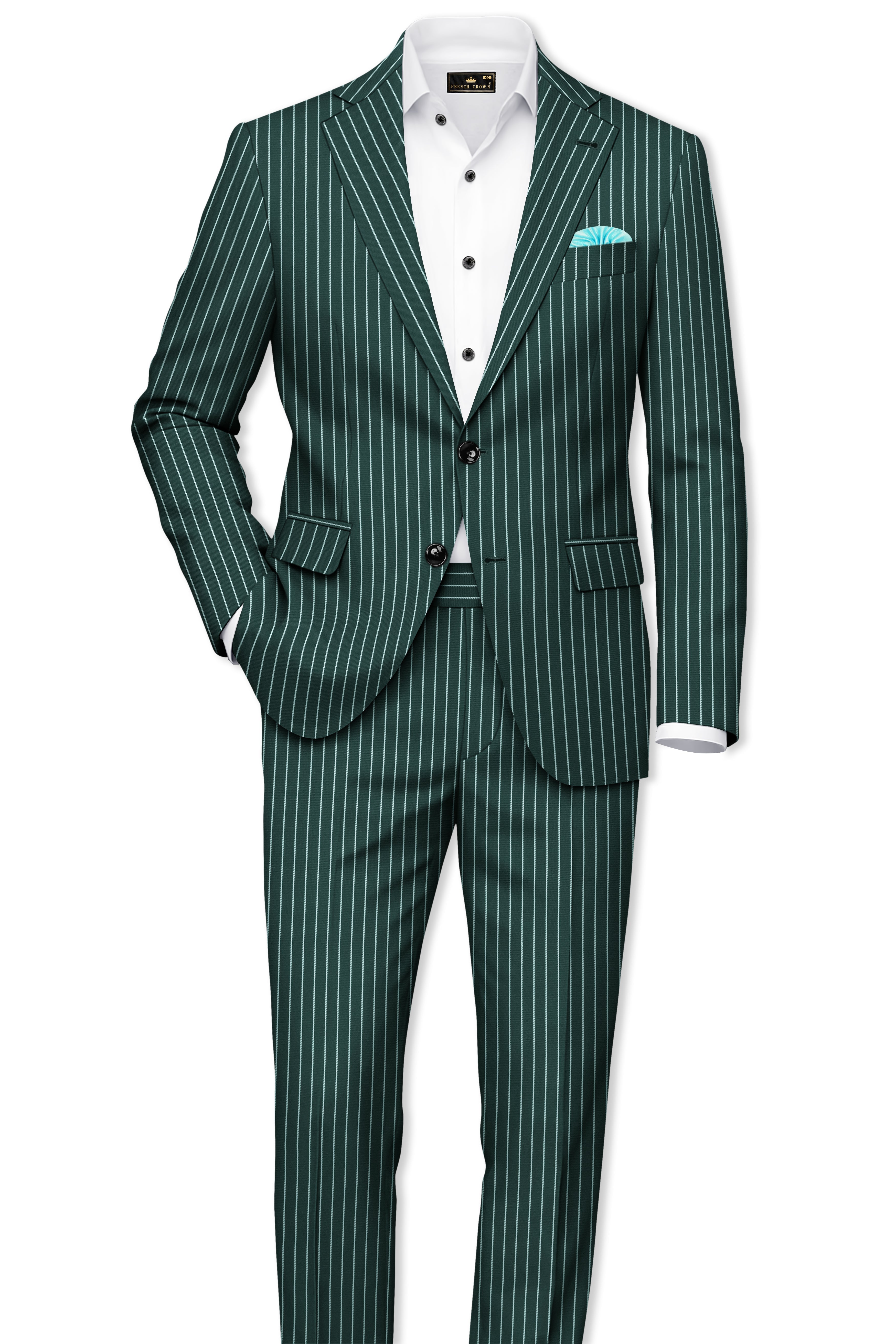 Forenza-Jungle Green And Bright White Chalk Striped Wool Rich Slight Stretch Single Breasted Suit