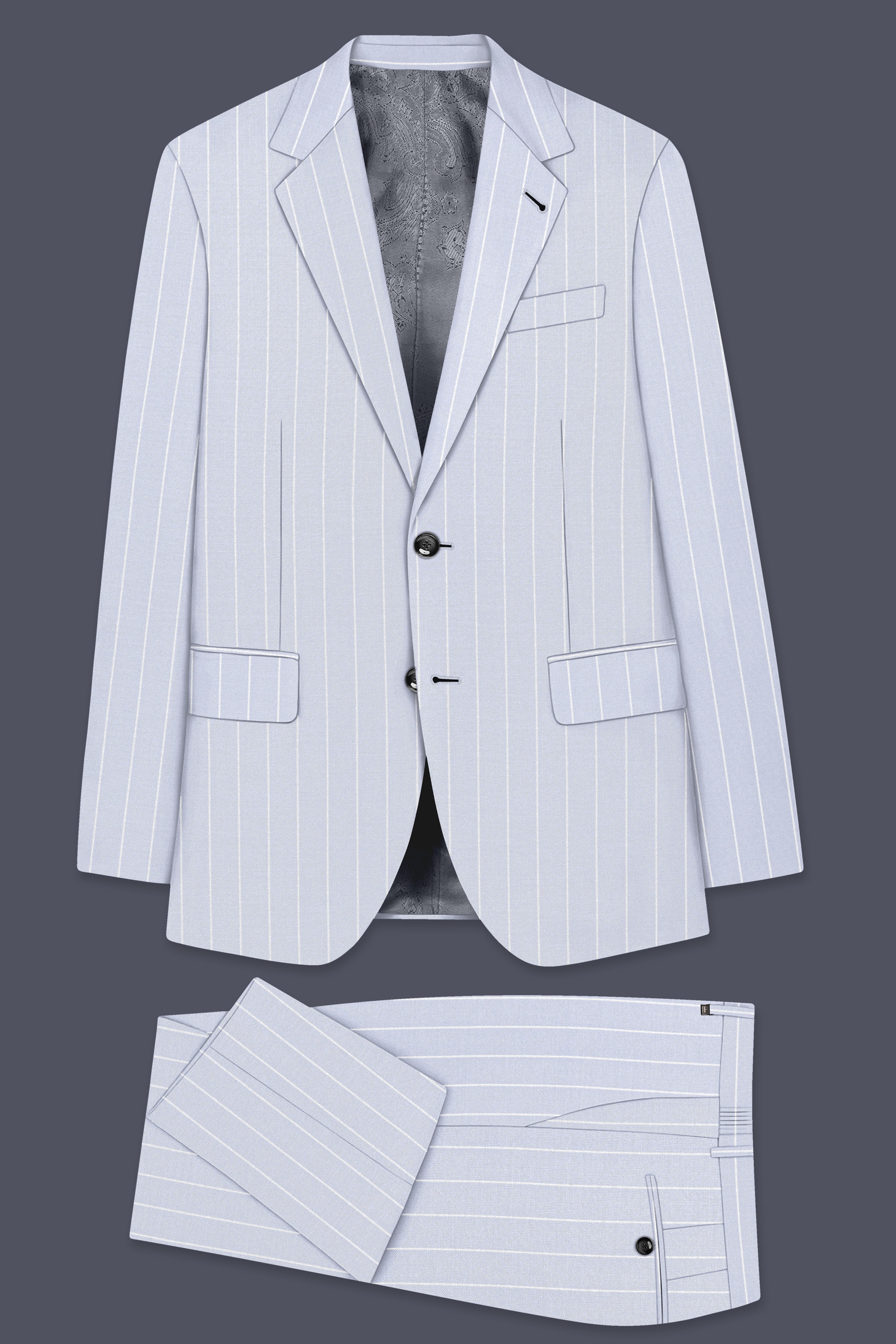 Axiom-Loblolly Gray And Bright White Chalk Striped Wool Rich Slight Stretch Single Breasted Suit