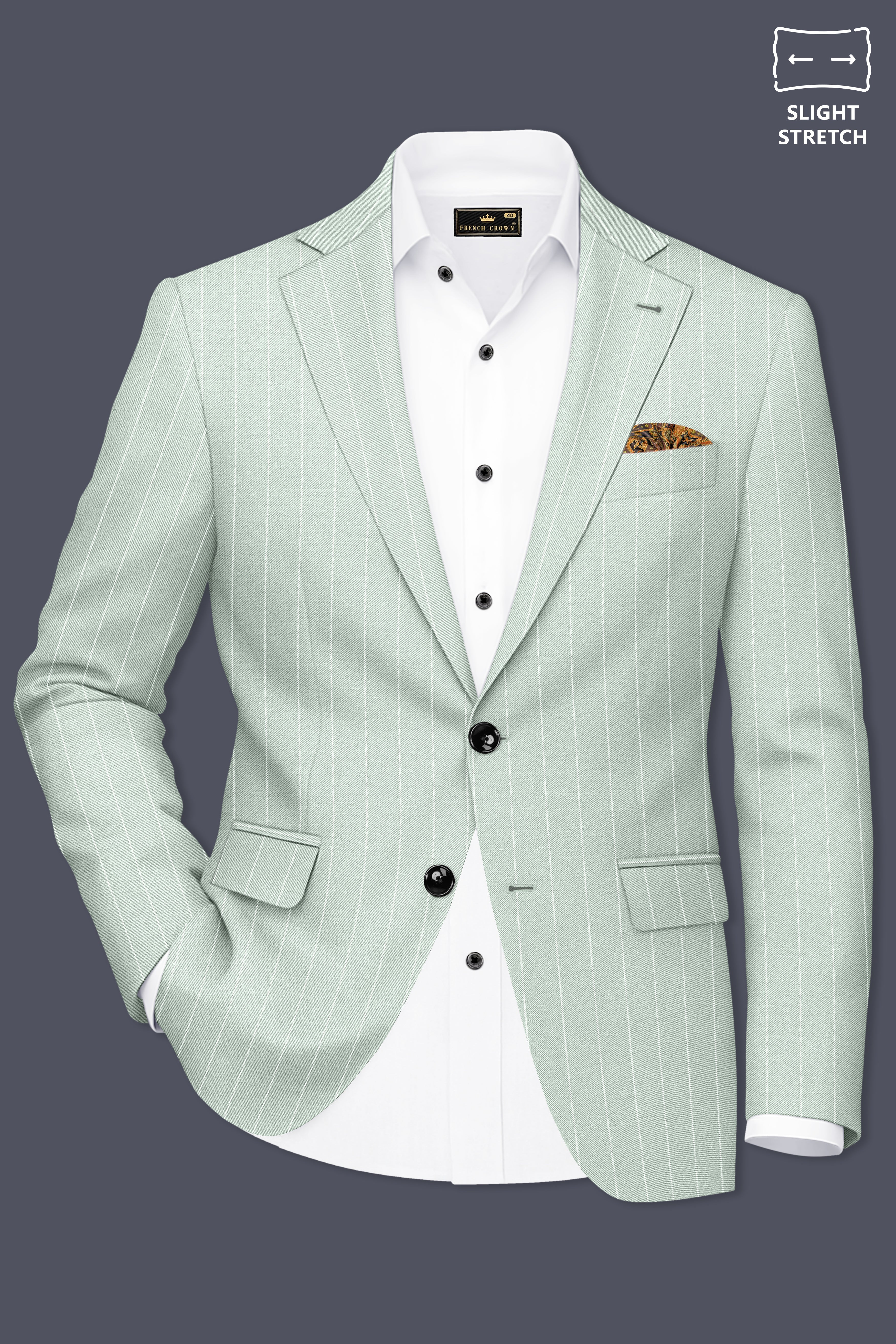 Halcyon-Pale Leaf Green And Bright White Chalk Striped Wool Rich Slight Stretch Single Breasted Suit
